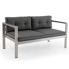 Costway - Patio Aluminum Loveseat Sofa Outdoor Chair with WPC Armrests & Cushions Backyard - Gray/Silver
