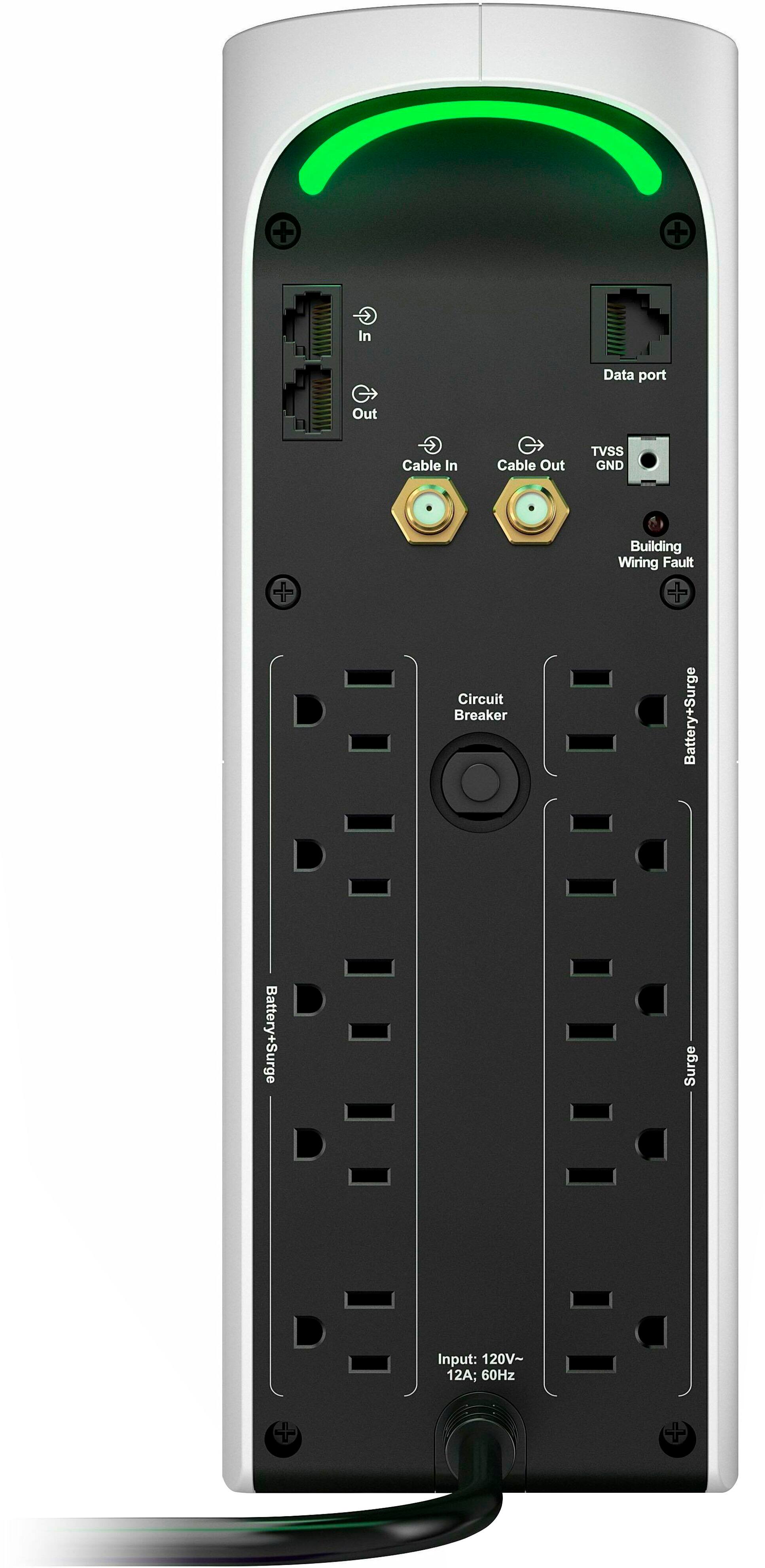 The text on the image reads: "In Data Port Out, Cable In Cable Out TVSS GND Building Wiring Fault Circuit Breaker Battery+Surge Battery+Surge Surge Input: 120V~ 12A; 60Hz." This text describes the features and specifications of the power strip, including the type of input and output connections, as well as the presence of surge protection and grounding.