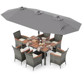 Costway - 8 PCS Outdoor Wicker Dining Furniture & Double-Sided Umbrella with Solar LED Lights - Gray + Mix Gray