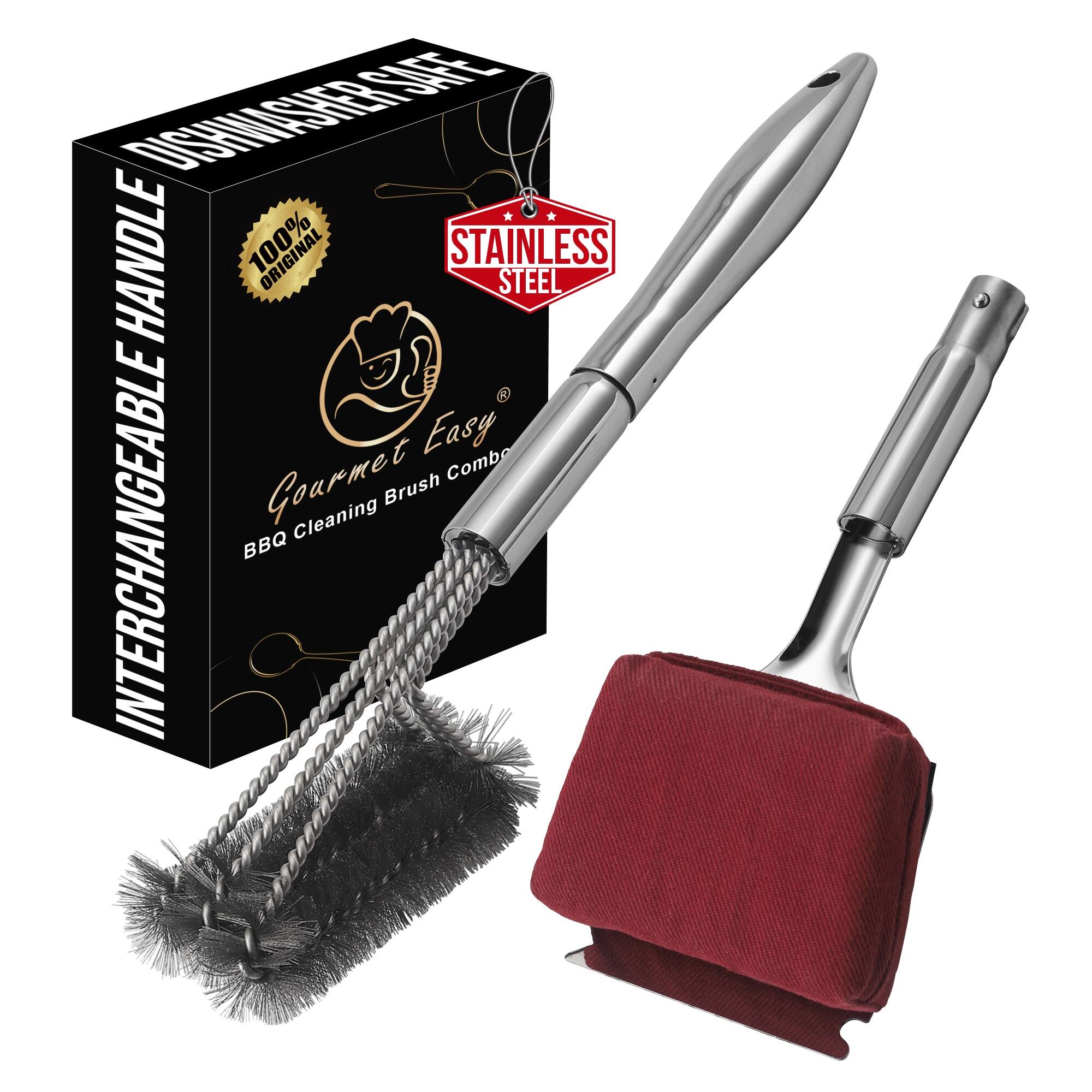 Gourmet Easy - 2-in-1 Stainless Steel Grill Brush Cleaning Kit, Grilling Accessories, Interchangeable BBQ Brush & Griddle Scraper - Red