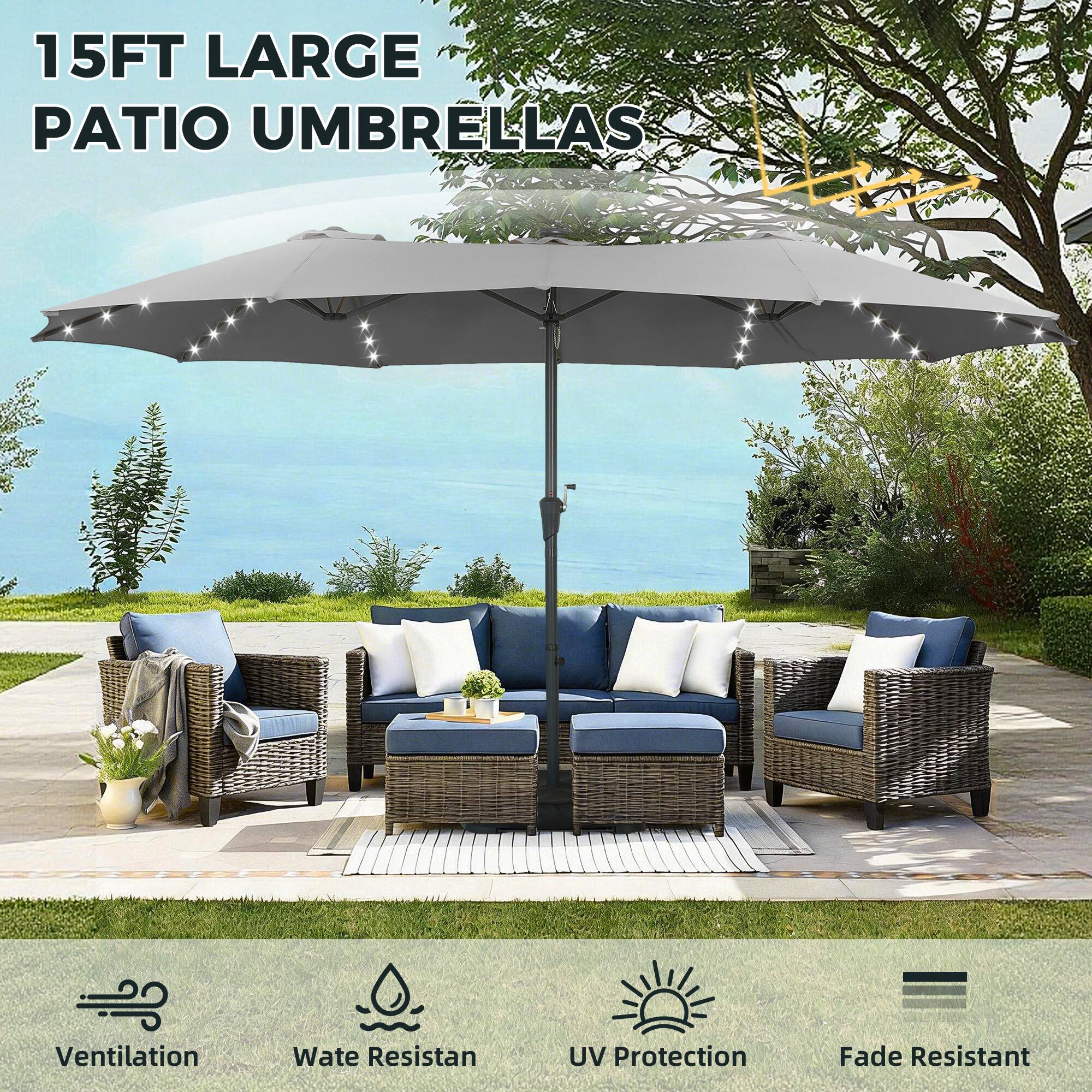 15FT LARGE PATIO UMBRELLAS

- Ventilation
- Water Resistant
- UV Protection
- Fade Resistant