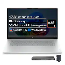 HP - Upgraded - OmniBook 3 17.3" FHD Laptop,AMD Ryzen 5 40,8GB RAM,512GB SSD+1TB Dock Set,AMD Radeon 610M,WiFi 7,Win 11 Pro - Silver