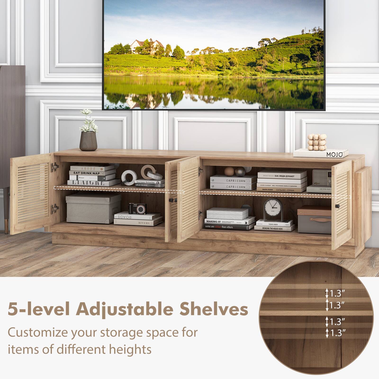 OLOM  
ABODE EAT DRINK NAP - LIAIGRE  
bestame HonDary a RENDE  

CAPRICORN CAPRICORN  
-   .. - NAMER   
0 ROADS RIVERS  
MAKING IT some at idur this  

5-level Adjustable Shelves  
Customize your storage space for items of different heights  
1.3" [1.3" 1.3" $1.3"