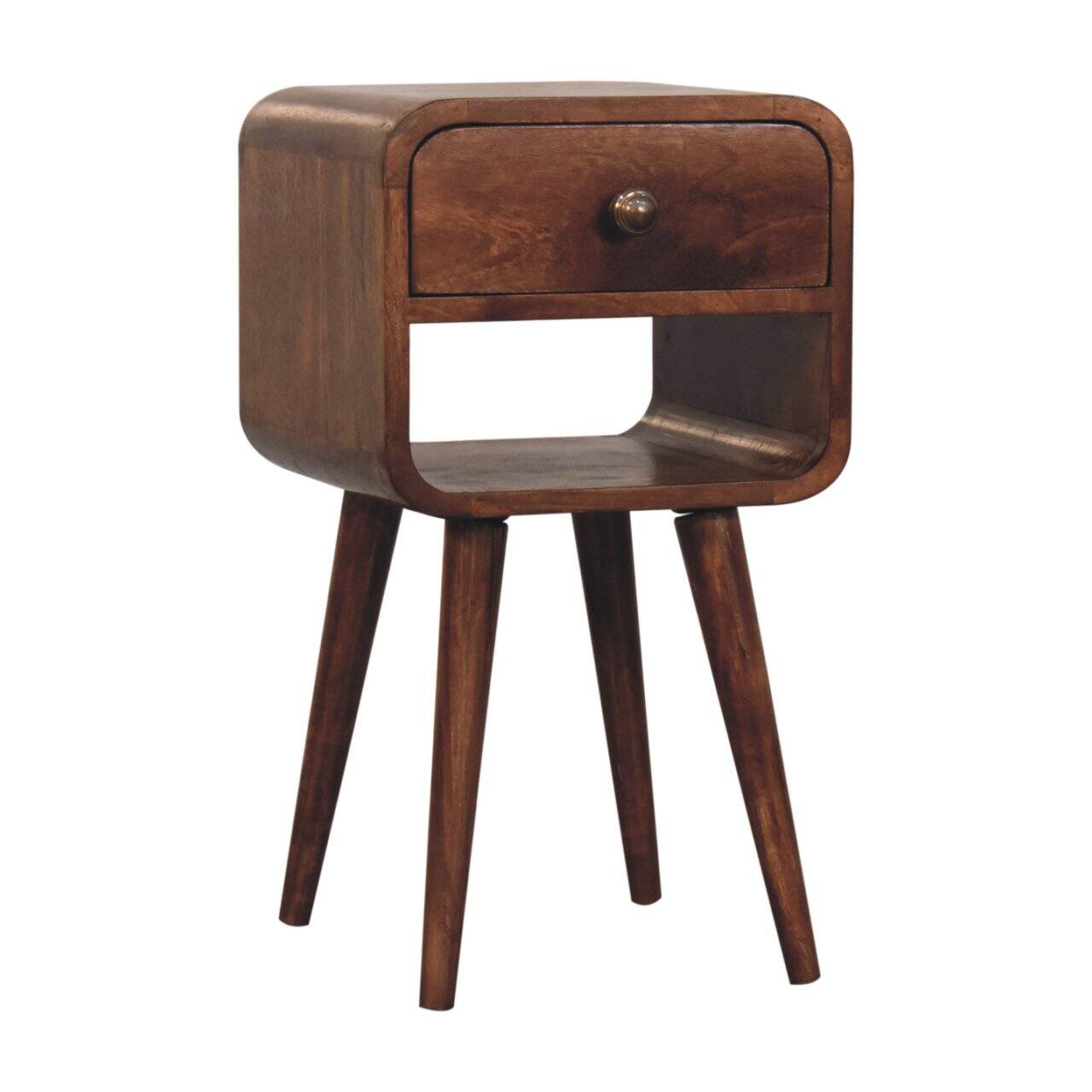 Left. Artisan Furniture - Artisan Furniture Solid Wood Mini Honey Caramel Curved Bedside, 1 Drawer, 1 Open Slot, Nordic Legs, Dark Brown - Caramel.