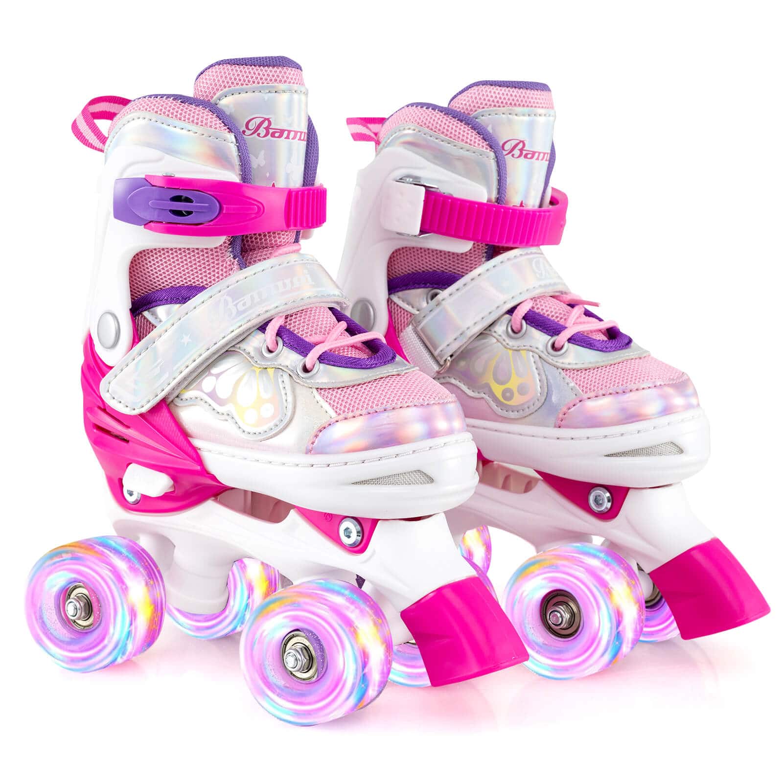 Costway - Kids Roller Skates 4 Sizes Adjustable Quad Skates with Light-up Wheels for Ages 5-8 - Rose Red