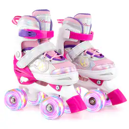 Costway - Kids Roller Skates 4 Sizes Adjustable Quad Skates with Light-up Wheels for Ages 5-8 - Rose Red