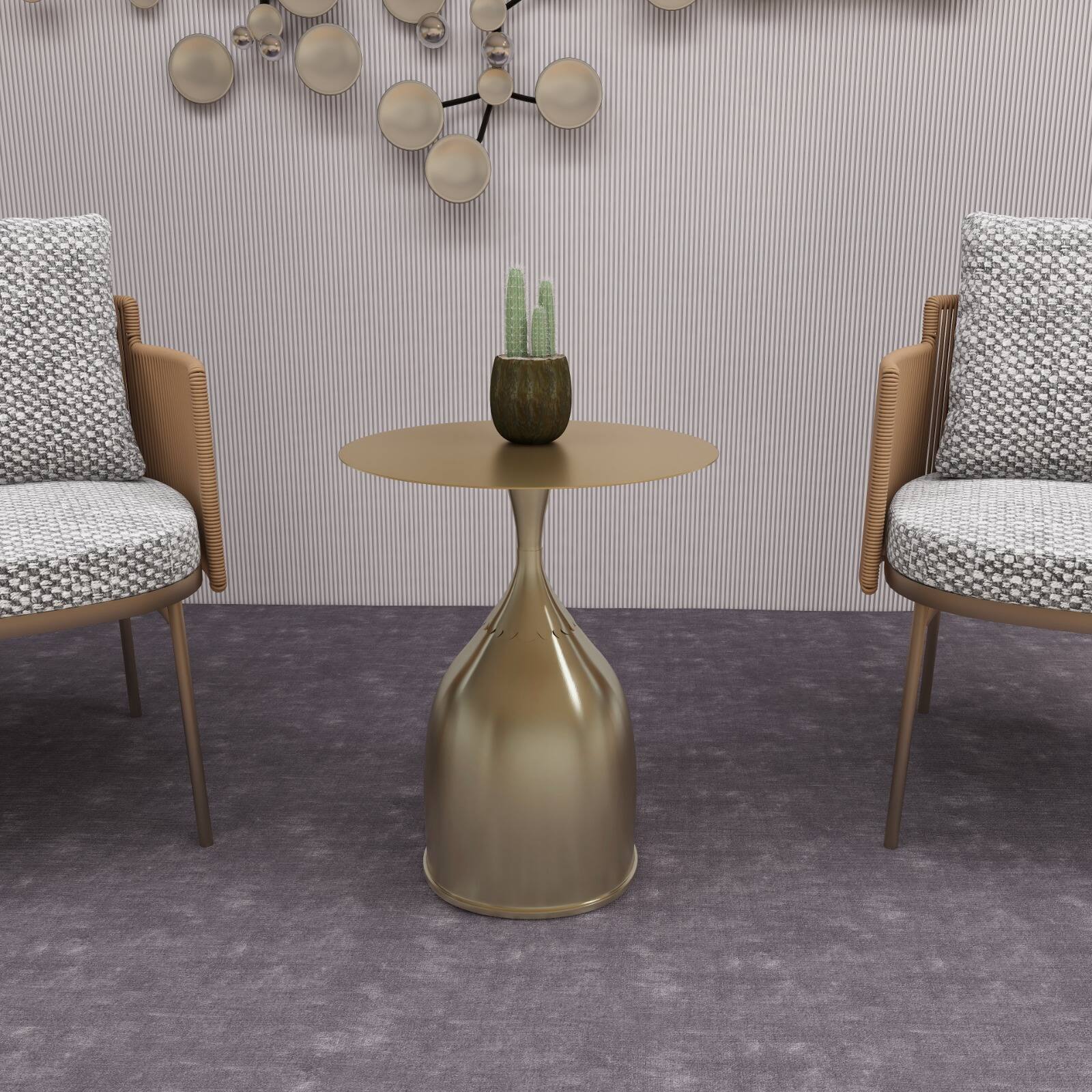 Left. LeisureMod - Modern Bell-Shaped Steel Top Accent Table with Powder Coated Finish for Living Room or Office - Gold.