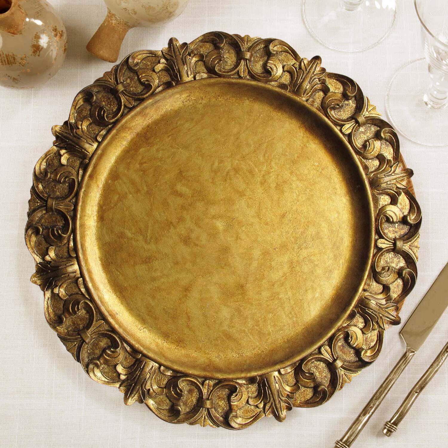 Left. American Atelier - Gold Embossed Charger Plate Set Of 4 14" D - Gold.