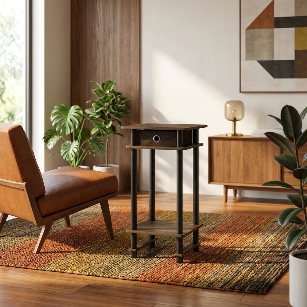 Angle. FurniFact - Tall end table with storage bin in dark walnut and black finish - Columbia Walnut/Black/Dark Brown.