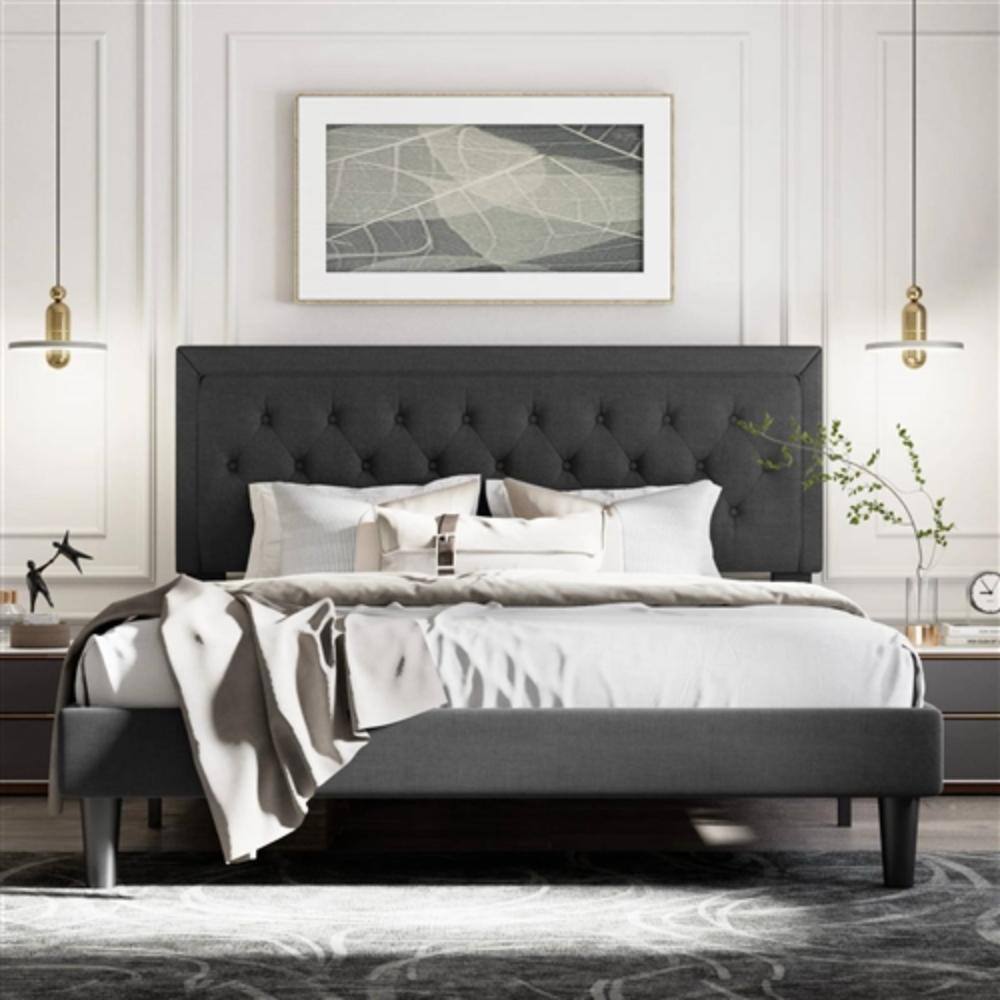 Angle. Hivvago - King Black Linen Upholstered Platform Bed Frame with Button-Tufted Headboard - Black.