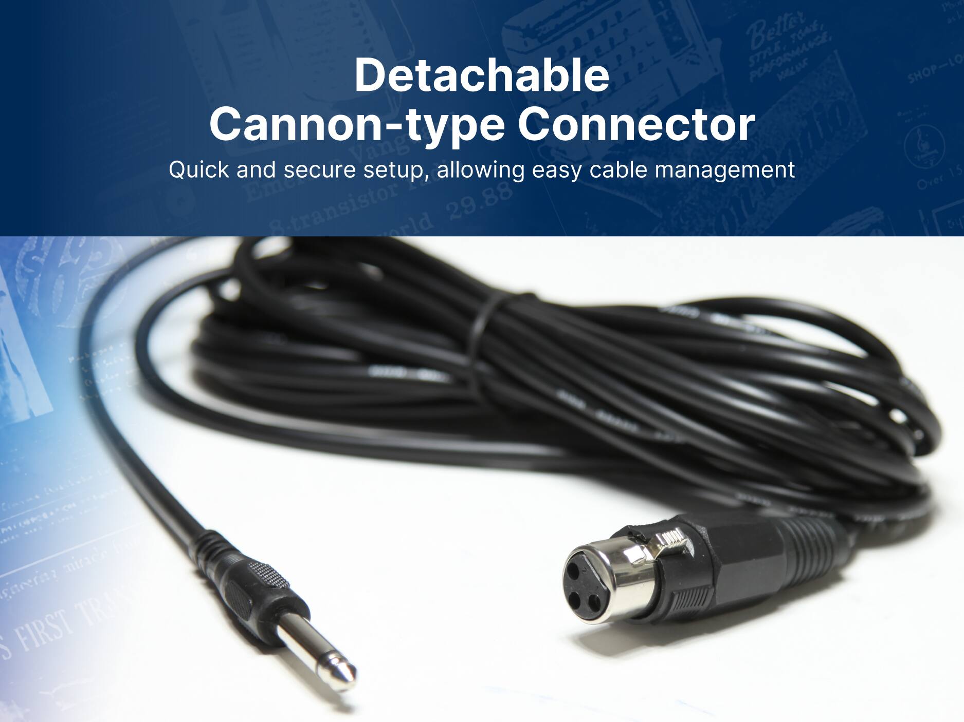 Better TONE, POEFORMANCE, STRLE Detachable Cannon-type Connector OTY Vang Quick and secure setup, allowing easy cable management Emee 29.88 8-transistor Pi al as 1 SHOP-LO 15 Over bu M minade sneerita TRANS S FIRST