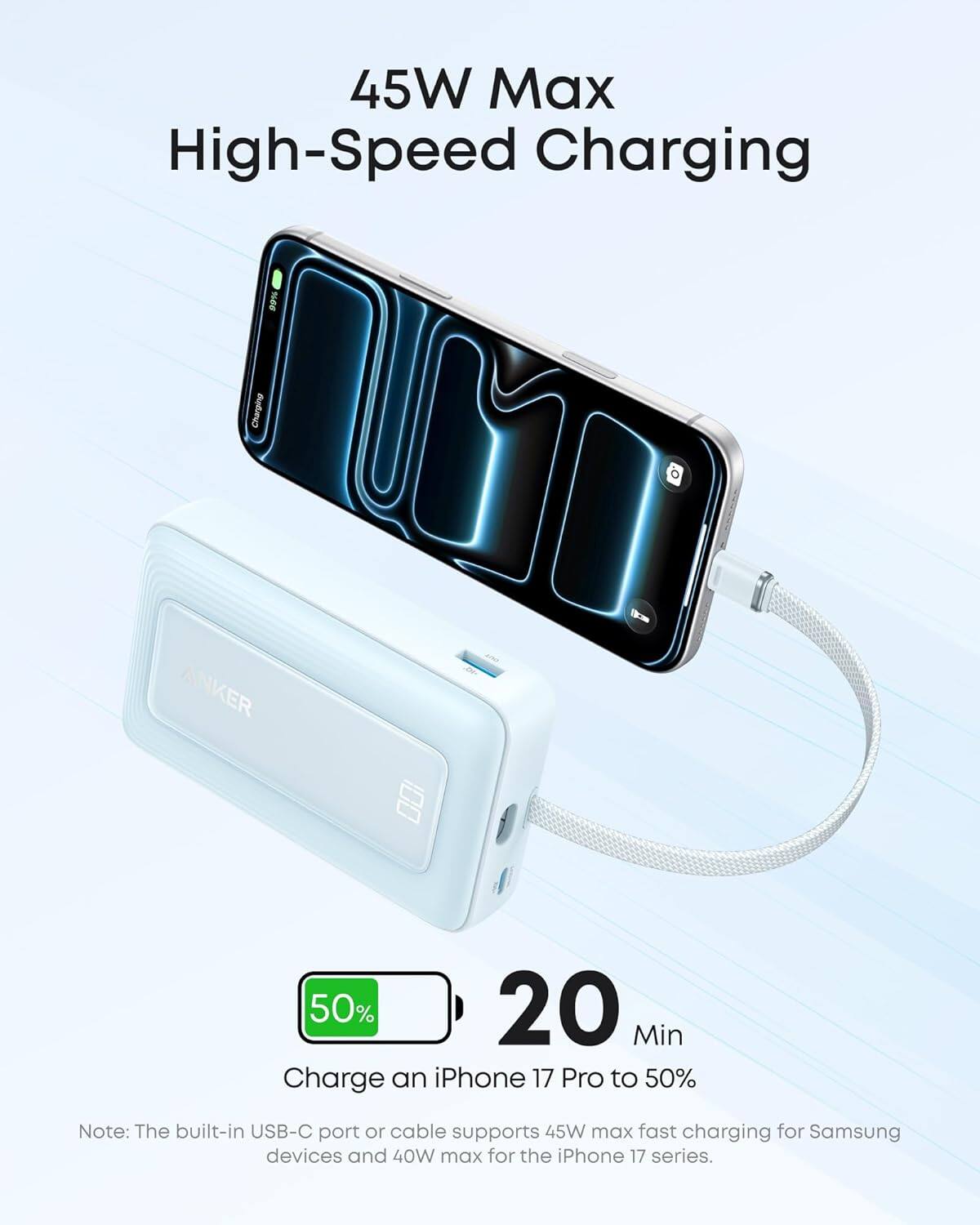 45W Max High-Speed Charging

16s Charging

ANKER

50% 20 Min Charge an iPhone 17 Pro to 50%

Note: The built-in USB-C port or cable supports 45W max fast charging for Samsung devices and 40W max for the iPhone 17 series.