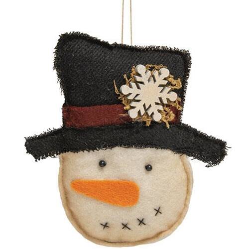 Front. BreeBe - Felt Snowman w/Snowflake Top Hat Ornament - Ivory, BLack.