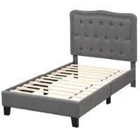 Costway Twin Size Bed Frame with 46" Tall Button Tufted Headboard Wooden Slats Support - Gray - Front_Zoom