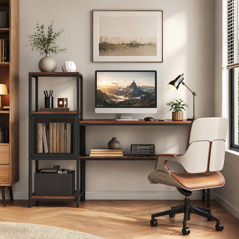 Angle. WELLFOR - 51" Industrial Computer Desk with Bookshelf, Home Office Desk with Storage Shelves - Rustic Brown.