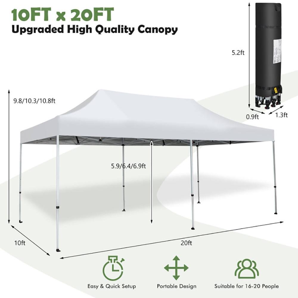 10FT x 20FT Upgraded High Quality Canopy

- 5.2ft
- 9.8/10.3/10.8ft
- 0.9ft
- 1.3ft
- 5.9/6.4/6.9ft
- 10ft
- 20ft

Easy & Quick Setup
Portable Design
Suitable for 16-20 People