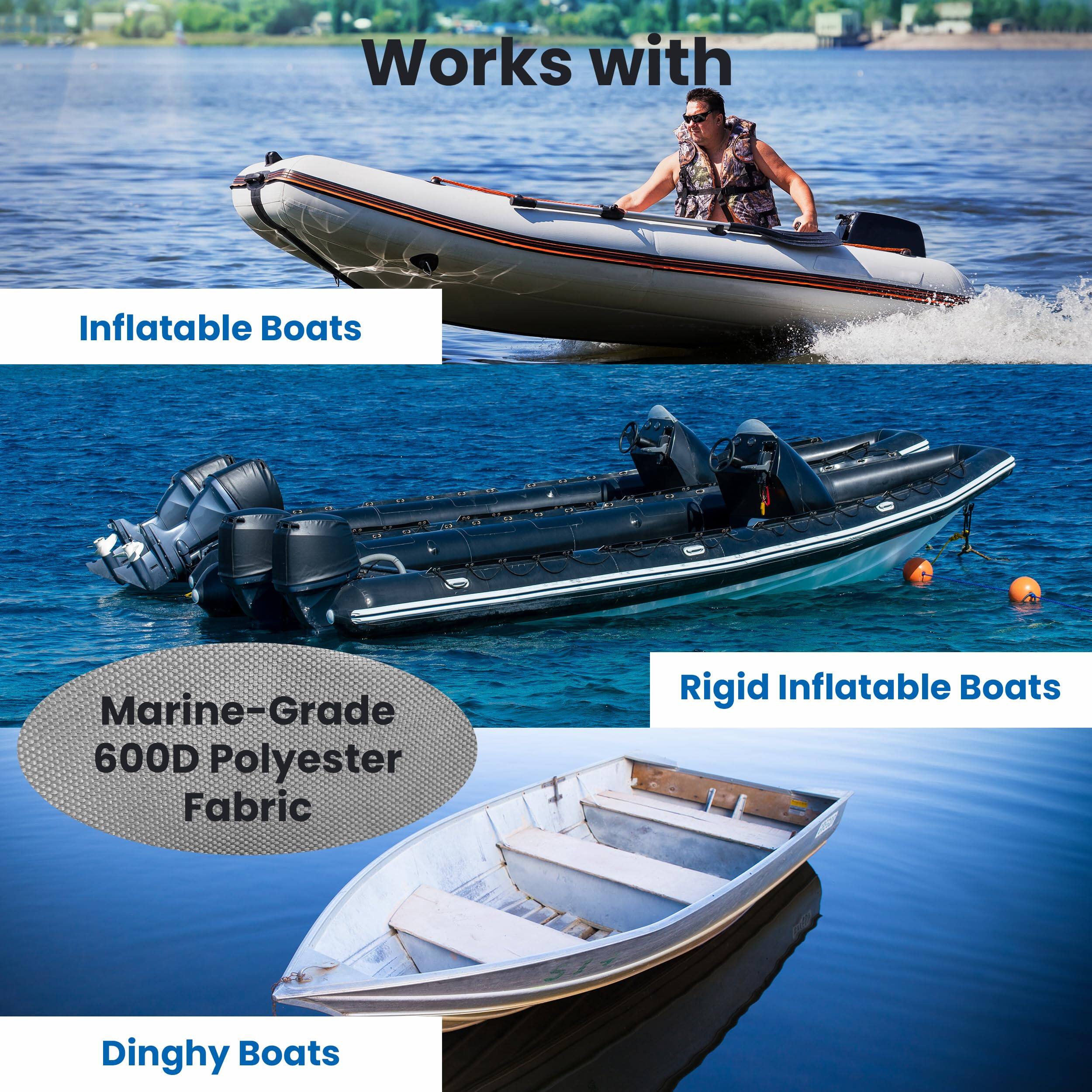 Works with  
- Inflatable Boats  
- Rigid Inflatable Boats  
- Dinghy Boats  

Marine-Grade 600D Polyester Fabric