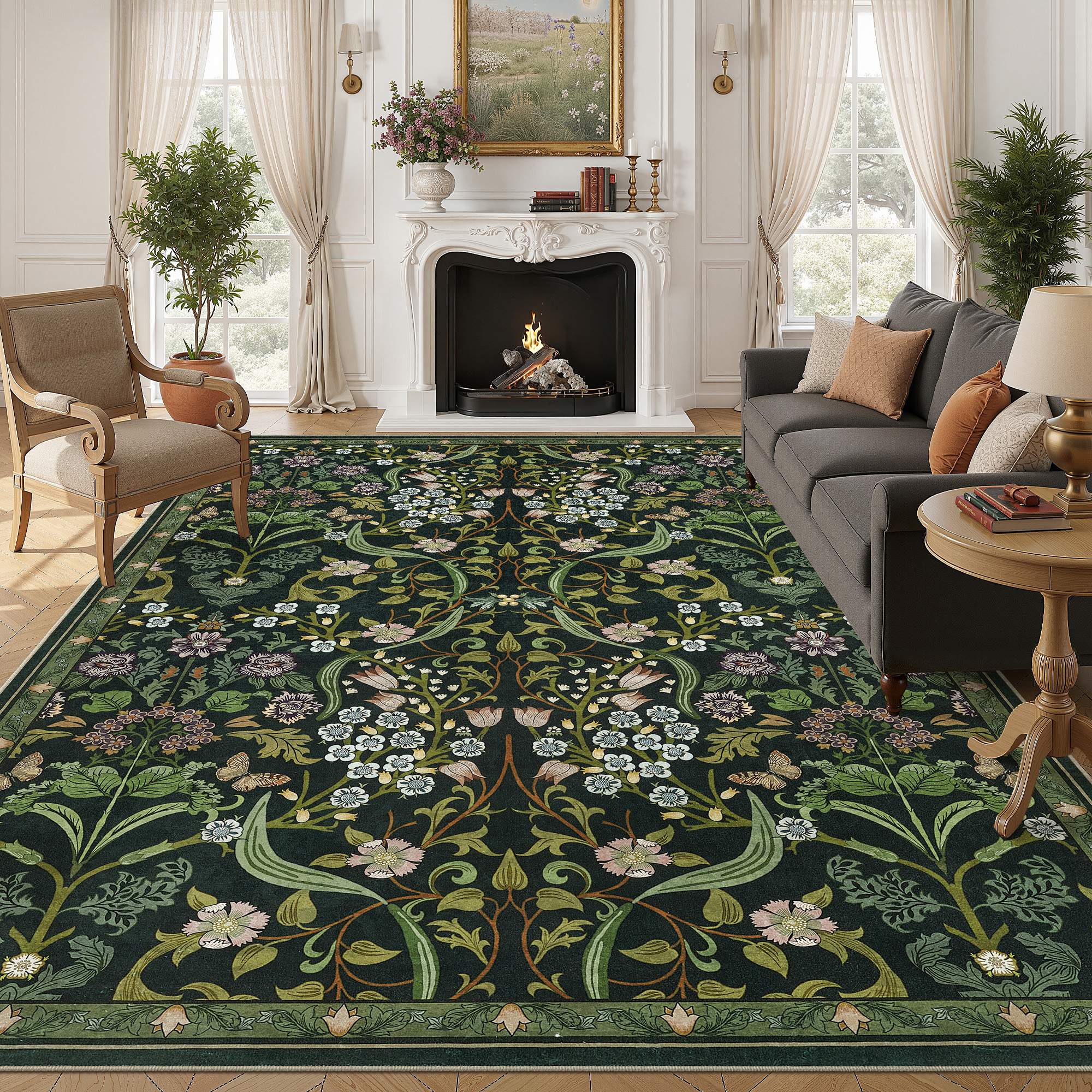 Front. Yardgrace - 8'x10' ft Floral Bohemian Area Rug, Vintage Washable Printed Boho Carpet for Living Room Bedroom - Green.