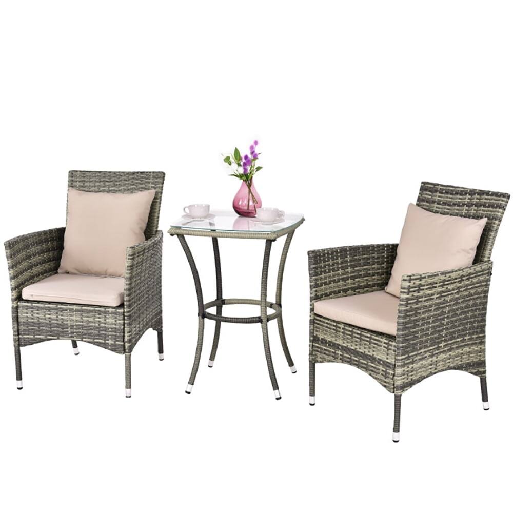 Left. Pefilos - 3 Pieces Patio Rattan Chairs and Table Set with Cushions, Gray Rattan Chair Set, 2 Chairs + Coffee Table, Waterpro - Gray.