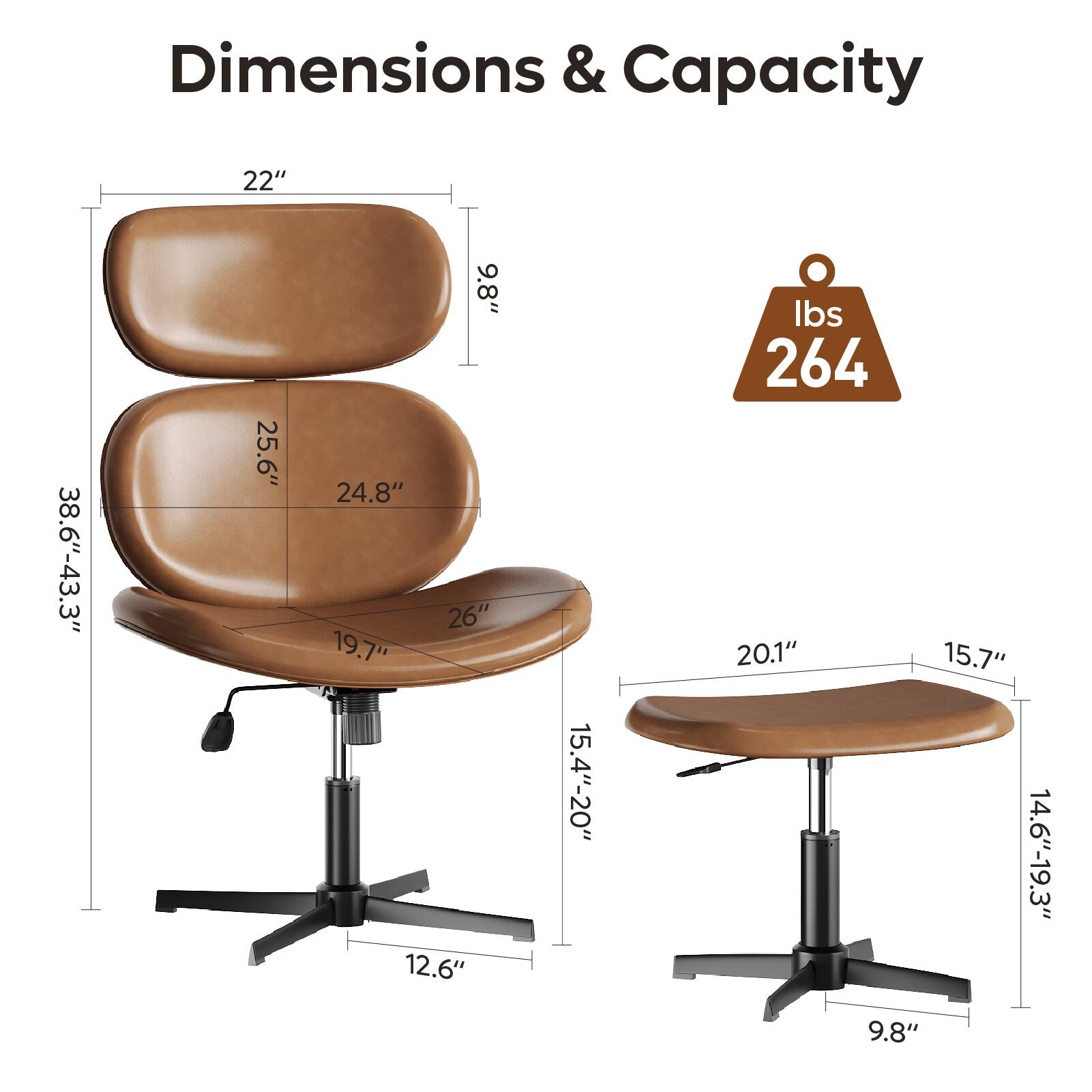 Dimensions & Capacity:

* 22"
* 38.6"-43.3"
* 25.6"
* 9.8"
* 24.8"
* 26"
* 19.7"
* 12.6"
* 15.4"-20"
* lbs 264
* 20.1"
* 15.7"
* 14.6"-19.3"
* 9.8"
