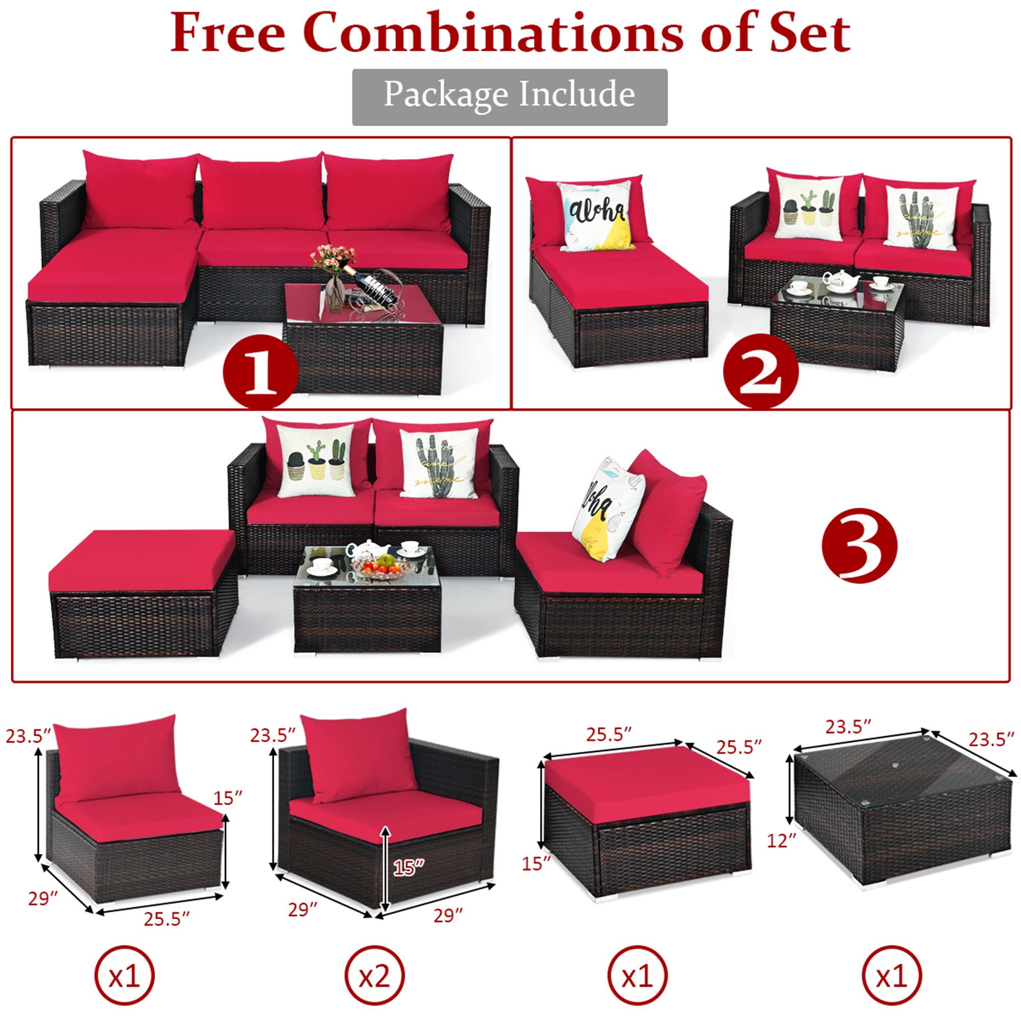 Free Combinations of Set  
Package Include  

1.  
2.  
3.  

23.5" x 29" x 15" x 25.5" x 25.5" x 29" x 15" x 29" x 15" x 12"  
x1 x2 x1 x1