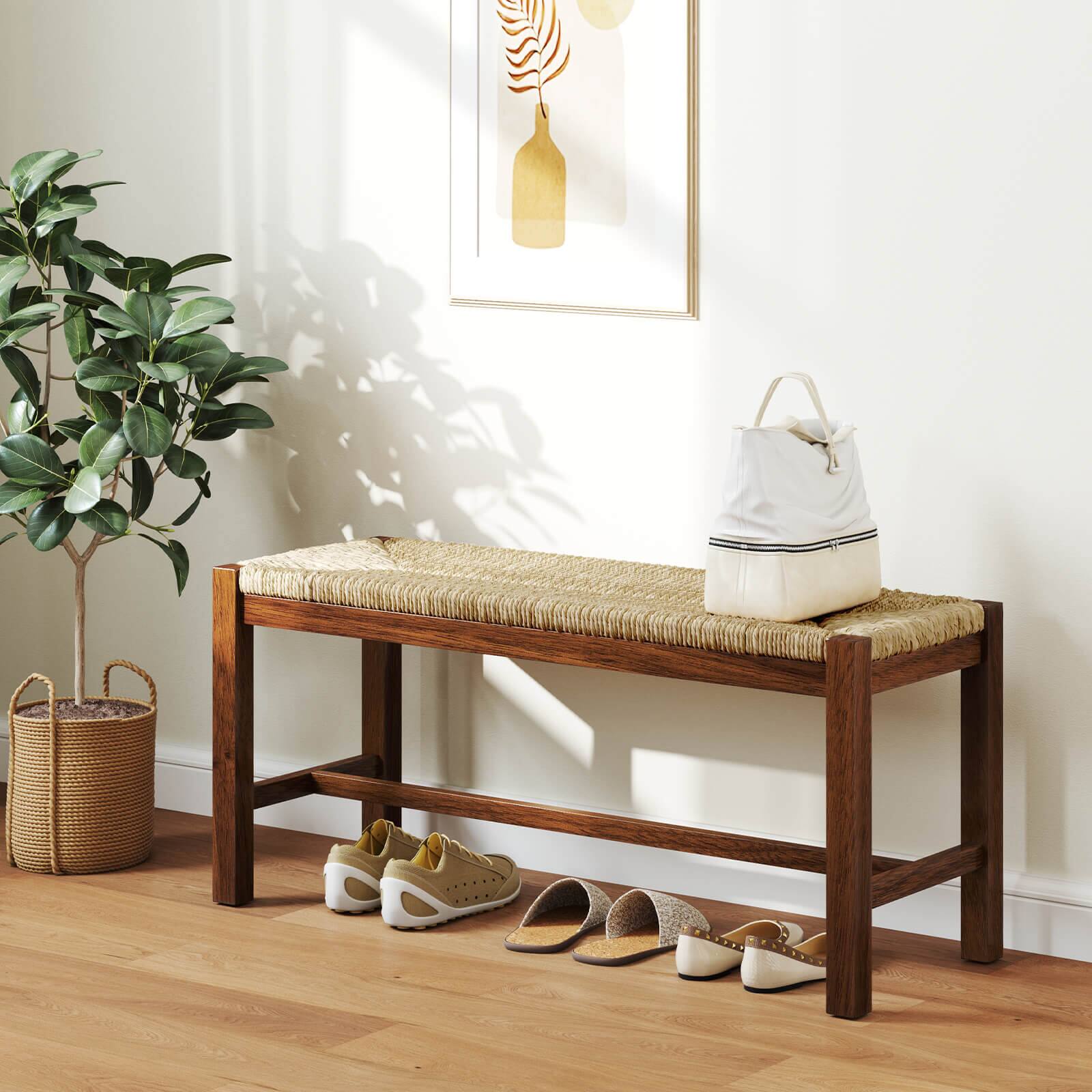 Alt View 1. Costway - Costway 40" Long Wood Bench Indoor Dining Entryway End of Bed Bench Natural Seagrass Seat - Beige.