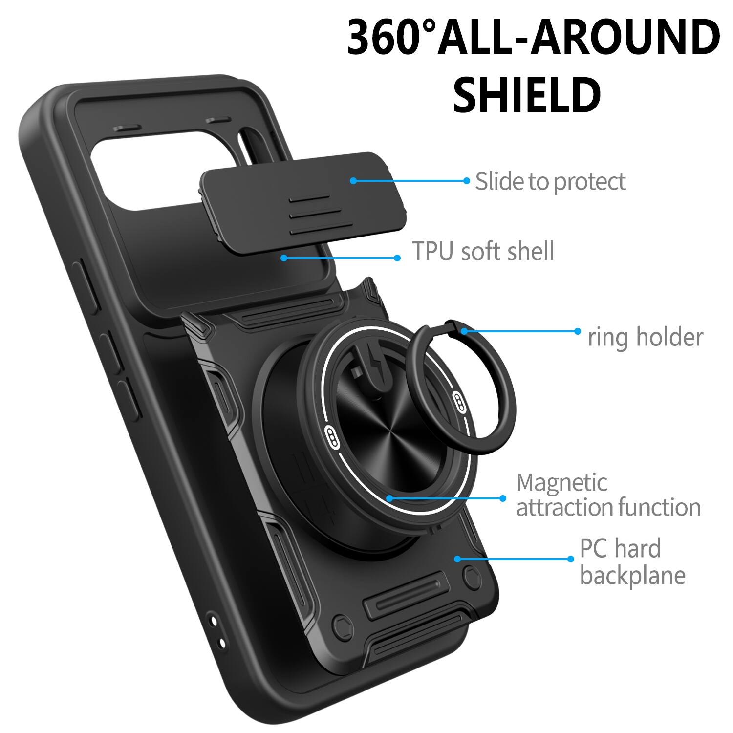 360° ALL-AROUND SHIELD  
Slide to protect  
TPU soft shell  
ring holder  
Magnetic attraction function  
PC hard backplane