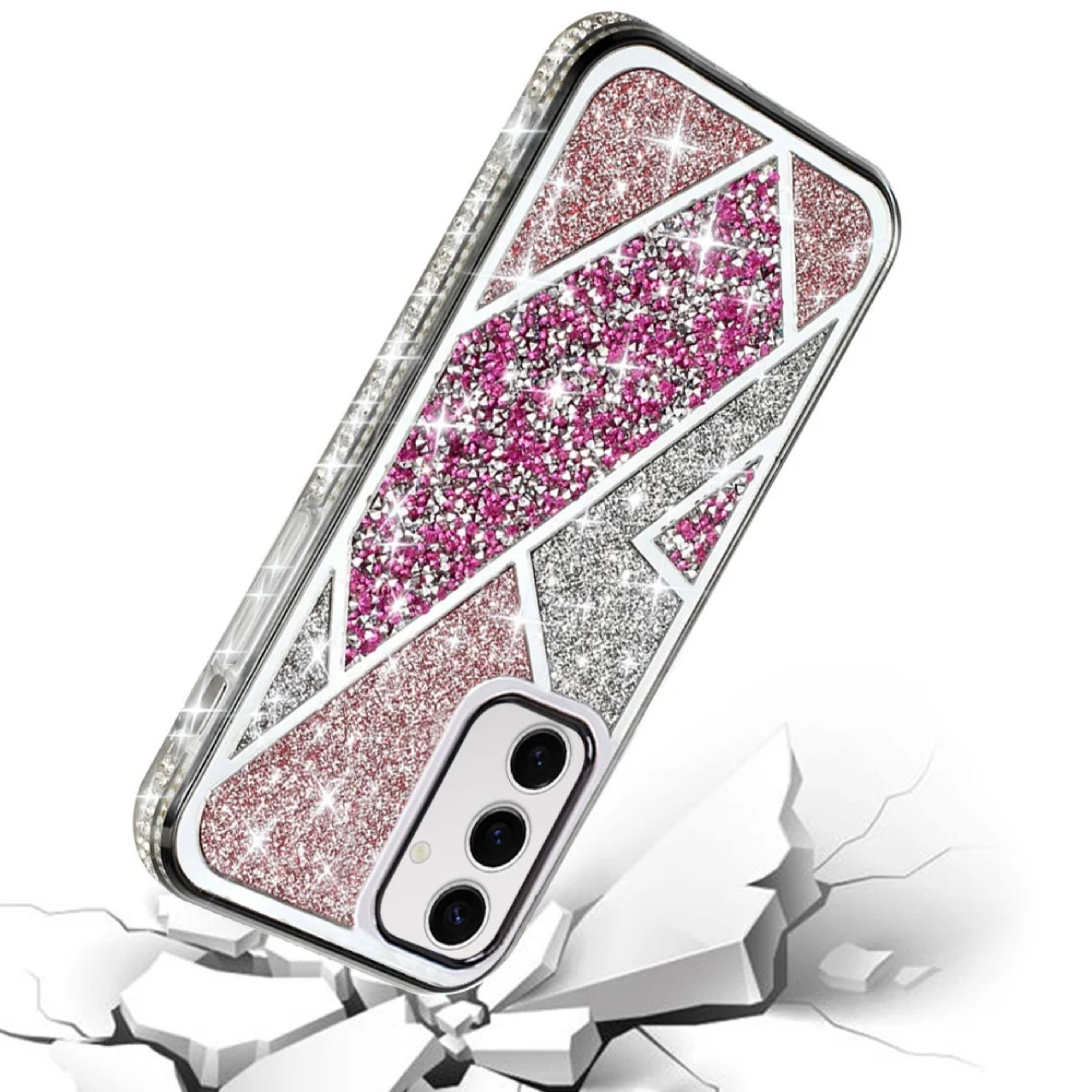 Angle. Kitcheniva - Rhombus Bling Glitter Diamond Phone Case With Tempered Glass For Samsung S25 Plus S24 Plus Rose Pink - Pink.