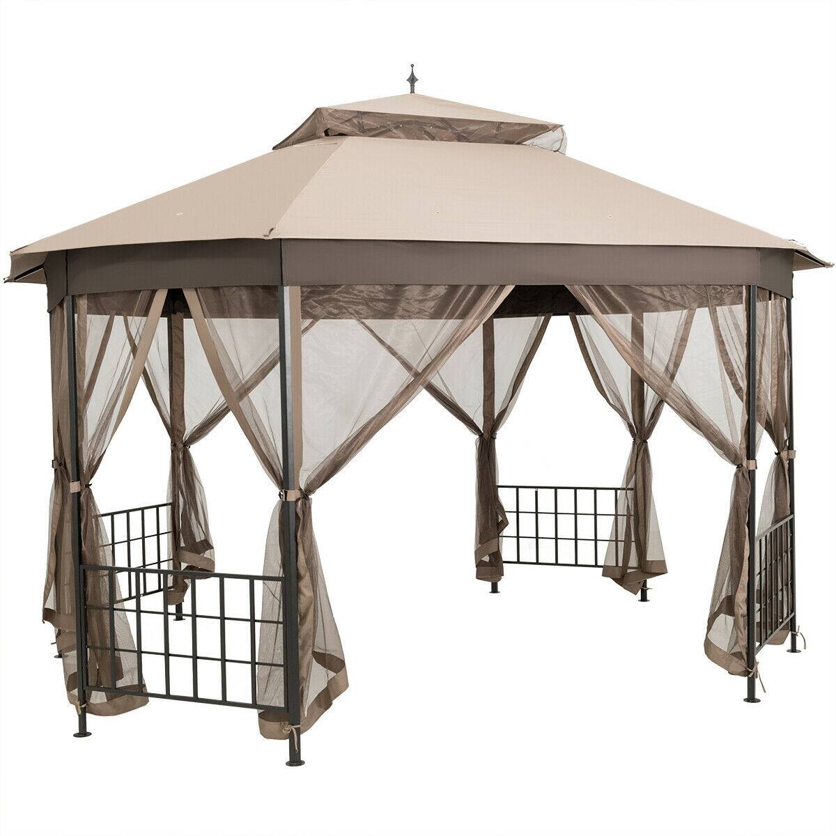 Front. Sugift - 10’x 12’ Octagonal Patio Gazebo with Mosquito Net - Brown.