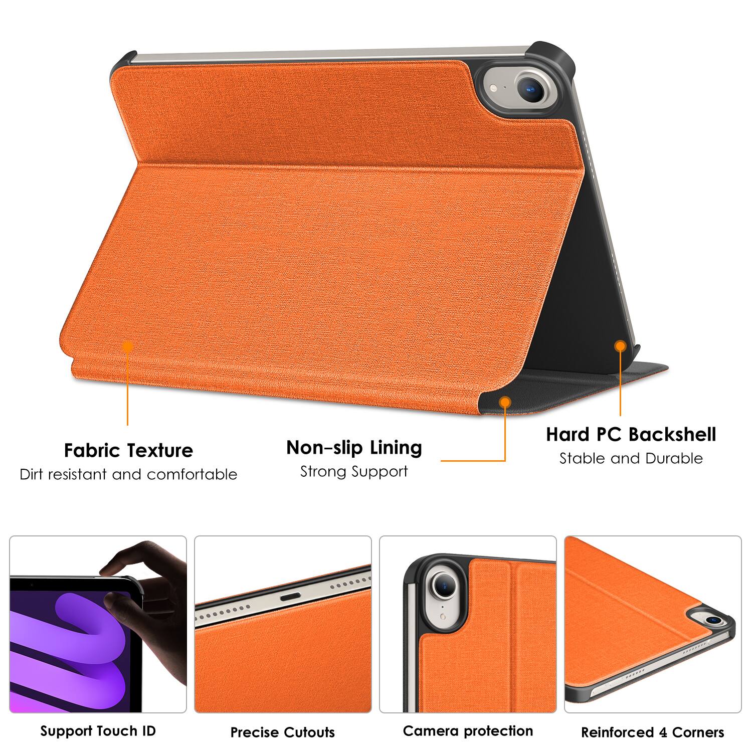 Fabric Texture: Dirt resistant and comfortable  
Non-slip Lining: Strong Support  
Hard PC Backshell: Stable and Durable  
Support Touch ID  
Precise Cutouts  
Camera protection  
Reinforced 4 Corners