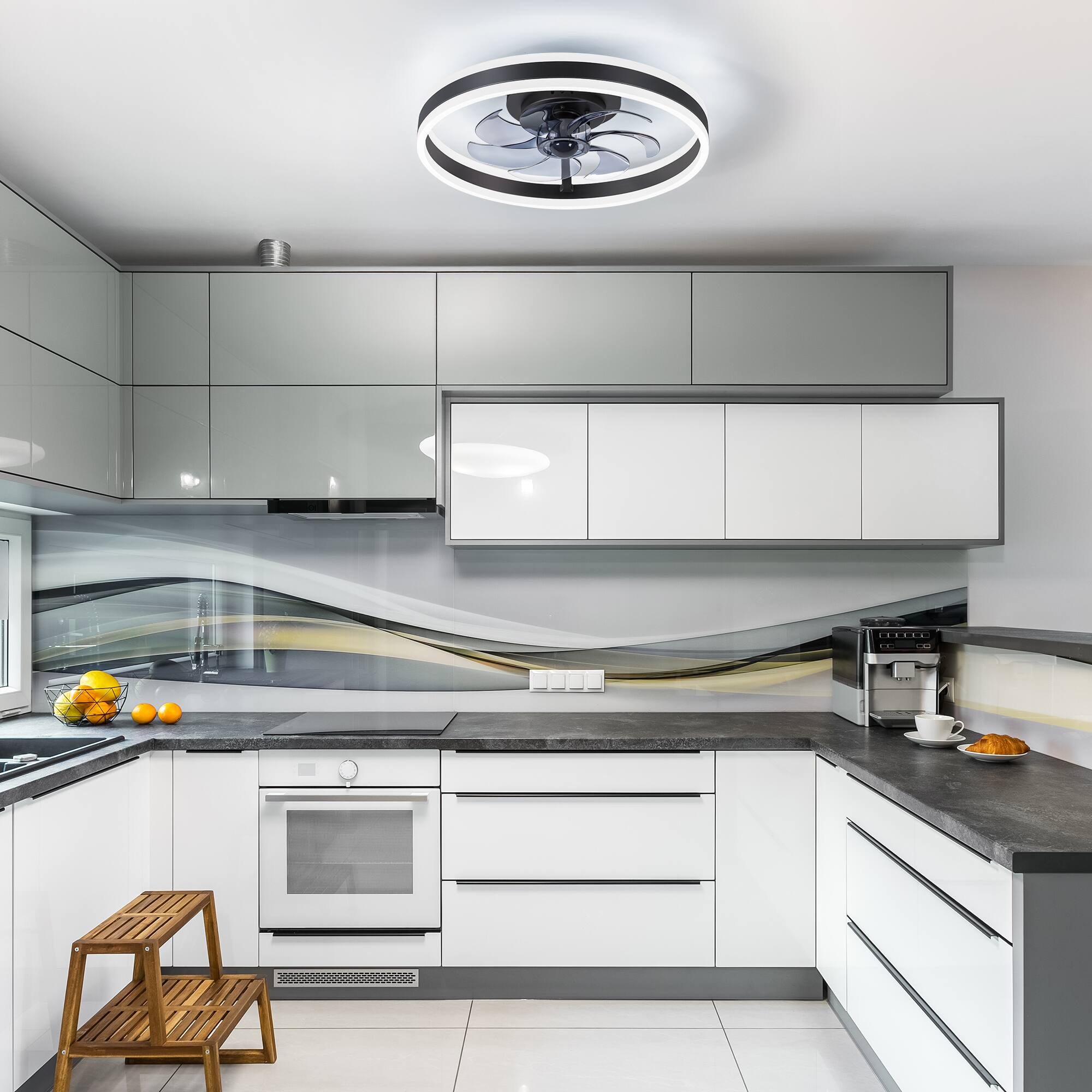 Alt View 9. Breezary - 20-Inch Flush Mount Enclosed Ceiling Fan with LED Light, Remote Control, 7 Blades, Reversible DC Motor - Black and Transparent.