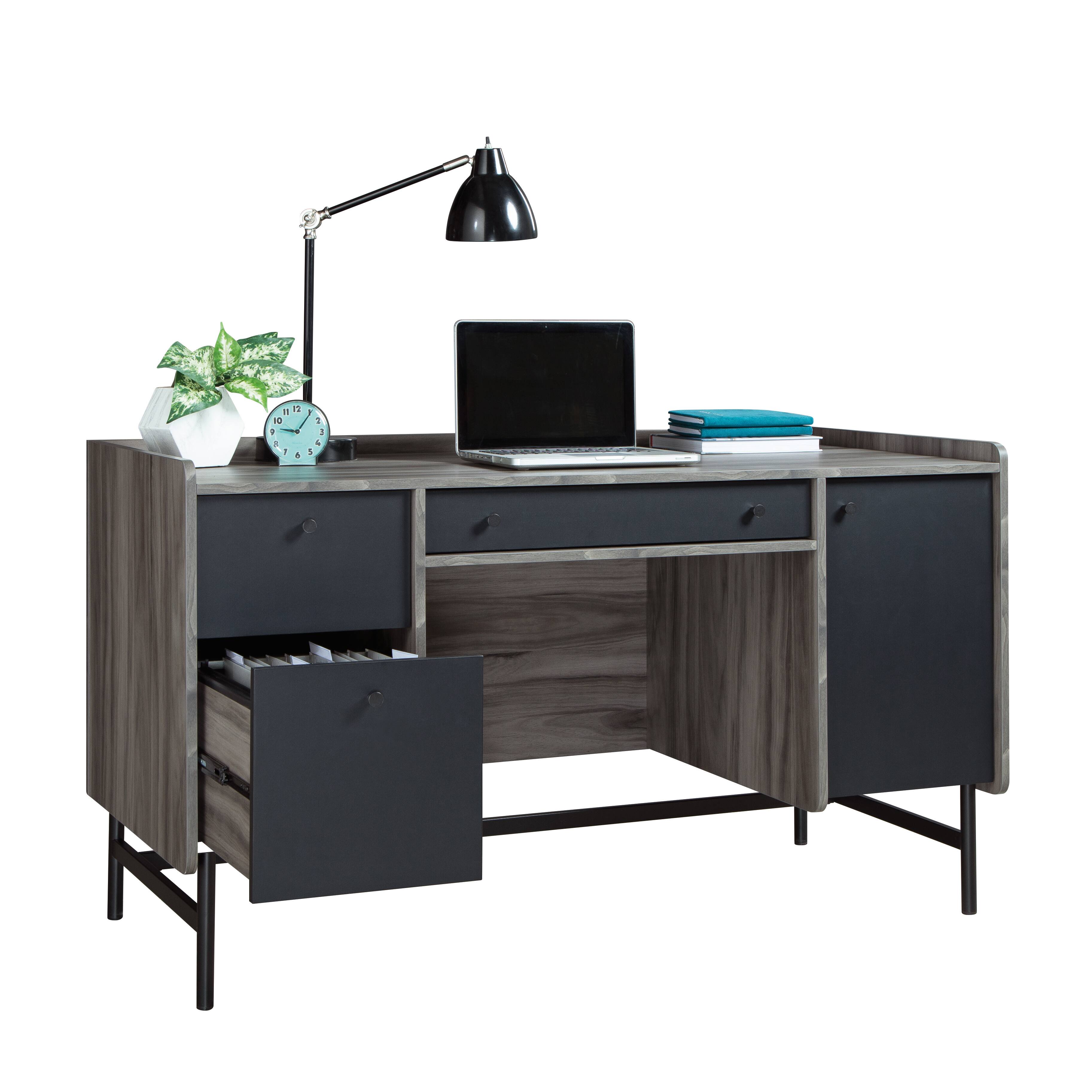 Angle. Spaco - Compact Multifunctional Desk, Spacious Surface, Adjustable Shelves, Metal Base - Gray.