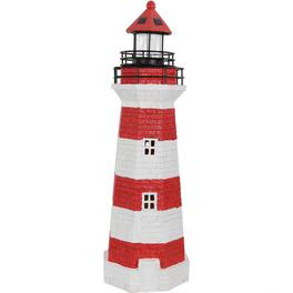 Sunnydaze - 36 in Resin and Metal Solar LED Lighthouse Statue - Red Stripe
