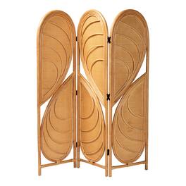 bali & pari - Kiyoko Natural Rattan Room Divider - Handwoven Wicker Tri-Fold Decorative Privacy Screen with Woven Leaf Motif - Light Honey