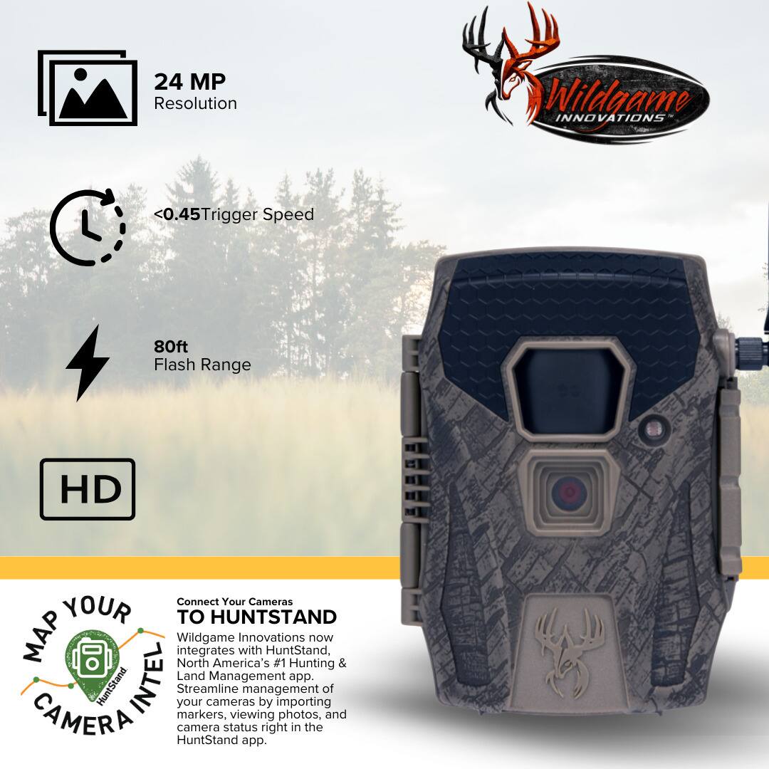 24 MP Resolution  
<0.45> Trigger Speed  
80ft Flash Range  
HD  

Connect Your Cameras to HuntStand Map  
Wildgame Innovations now integrates with HuntStand, North America's #1 Hunting & Land Management app. Streamline management of your cameras by importing camera markers, viewing photos, and camera status right in the HuntStand app.