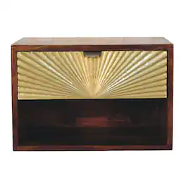 Artisan Furniture - Solid Wood Sunburst Wall-Mounted Bedside, 1 Drawer, 1 Open Shelf - Brown and Gold