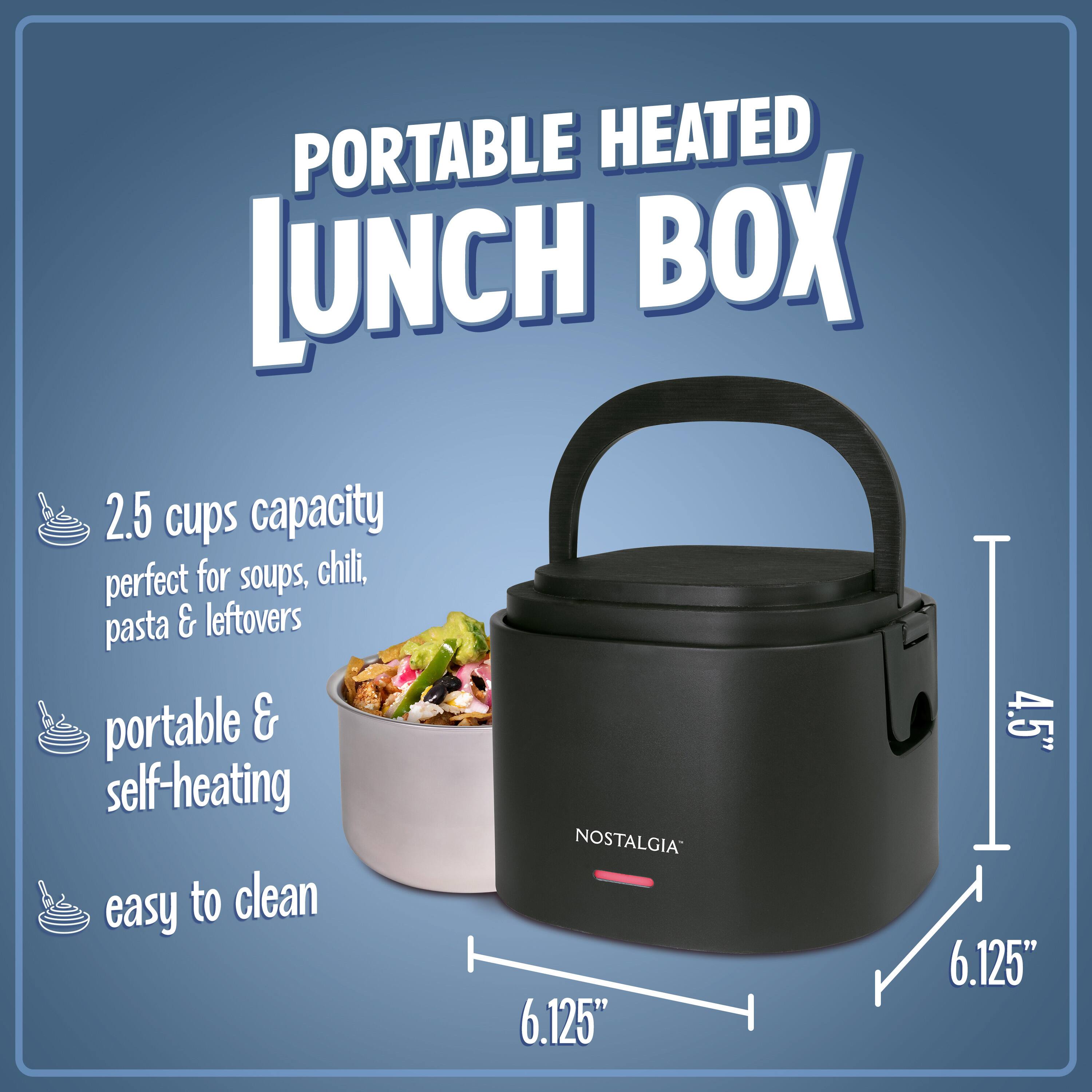 PORTABLE HEATED LUNCH BOX  
2.5 cups capacity perfect for soups, chili, pasta & leftovers  
portable & self-heating  
easy to clean  
NOSTALGIA  
4.5"  
6.125" x 6.125"