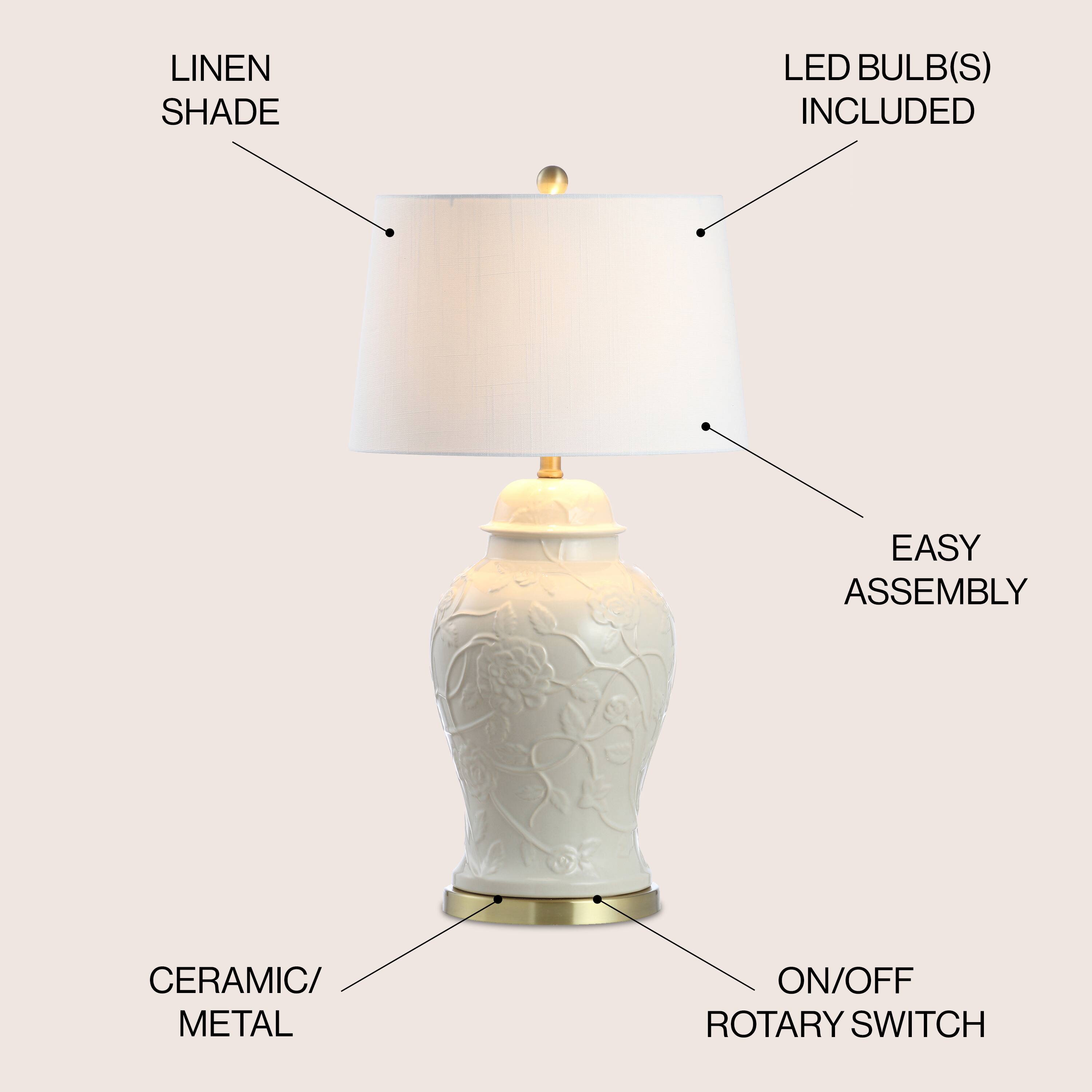 LINEN SHADE  
LED BULB(S) INCLUDED  
EASY ASSEMBLY  
CERAMIC/METAL  
ON/OFF ROTARY SWITCH