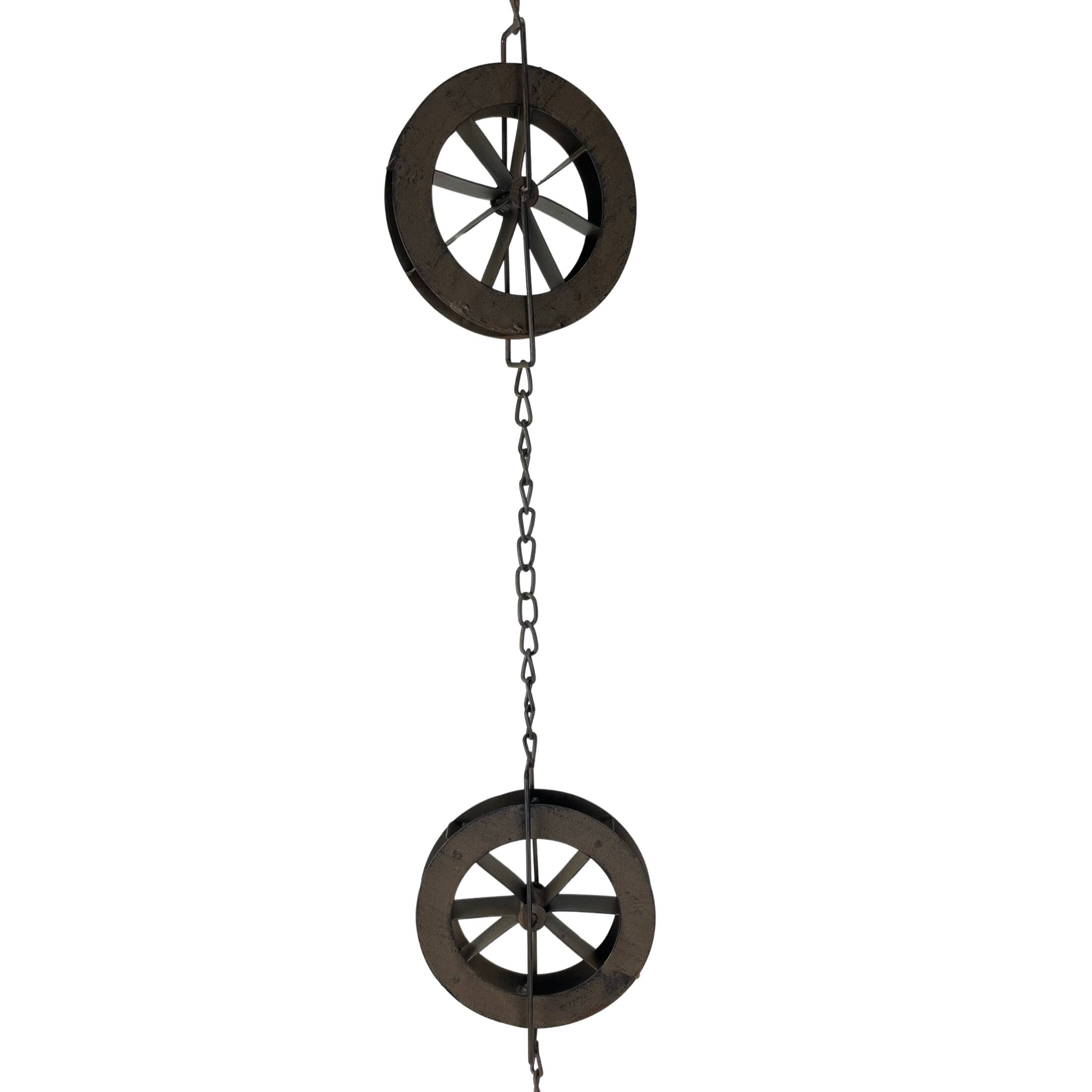 Alt View 1. Things2Die4 - 78-Inch Metal Rain Chain - 6 Water Wheels & Weighted Bell, Rustic Brown Finish - Brown.