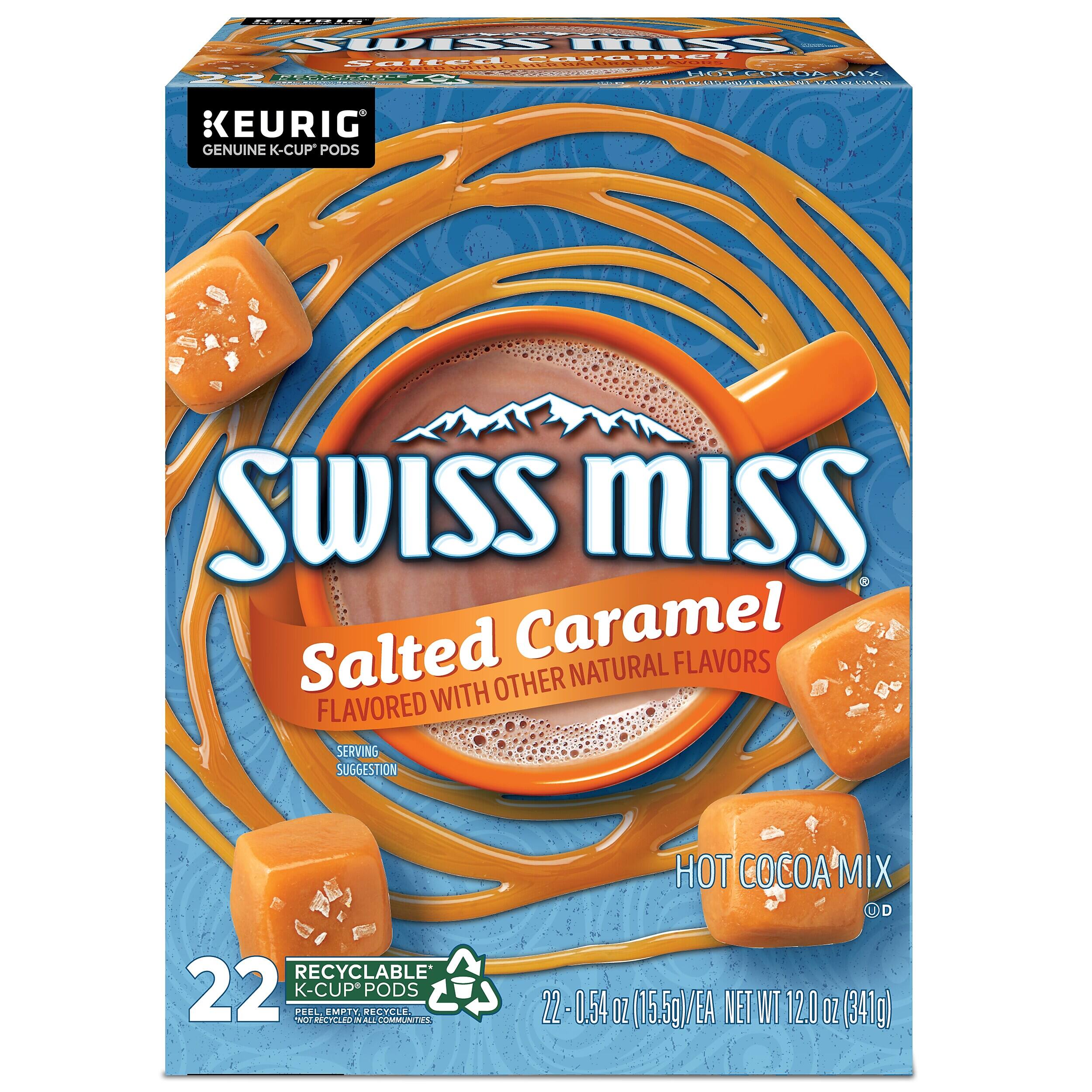 BENNING GSS 1SS - CESTR .---- 2eledt ad IES LLI  3R AARL N KEURIG GENUINE K-CUP PODS SWISS miss Salted Caramel FLAVORS OTHER NATURAL FLAVORED WITH SERVING SUGGESTION HOT COCOA MIX U I RECYCLABLE 22  K-CUP PEEL EMER EMPI A AL WECYCLE PODS COMMUNIITES 22 0.54 OZ (15.5g)/EA NET WT 12.0 OZ (341g)