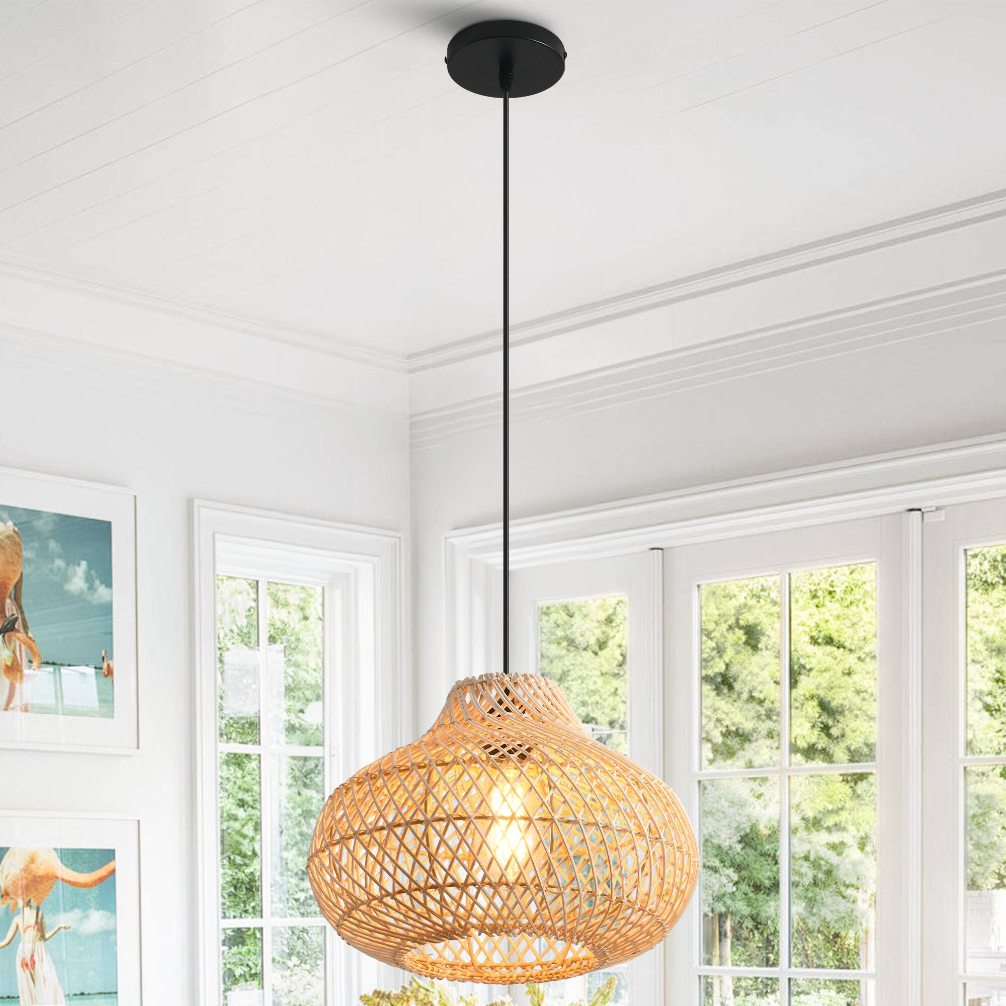 Alt View 1. Parrot Uncle - 1-Light Boho Brown Rattan Hand-Woven Cloche Hanging Basket Pendant Light - Brown.
