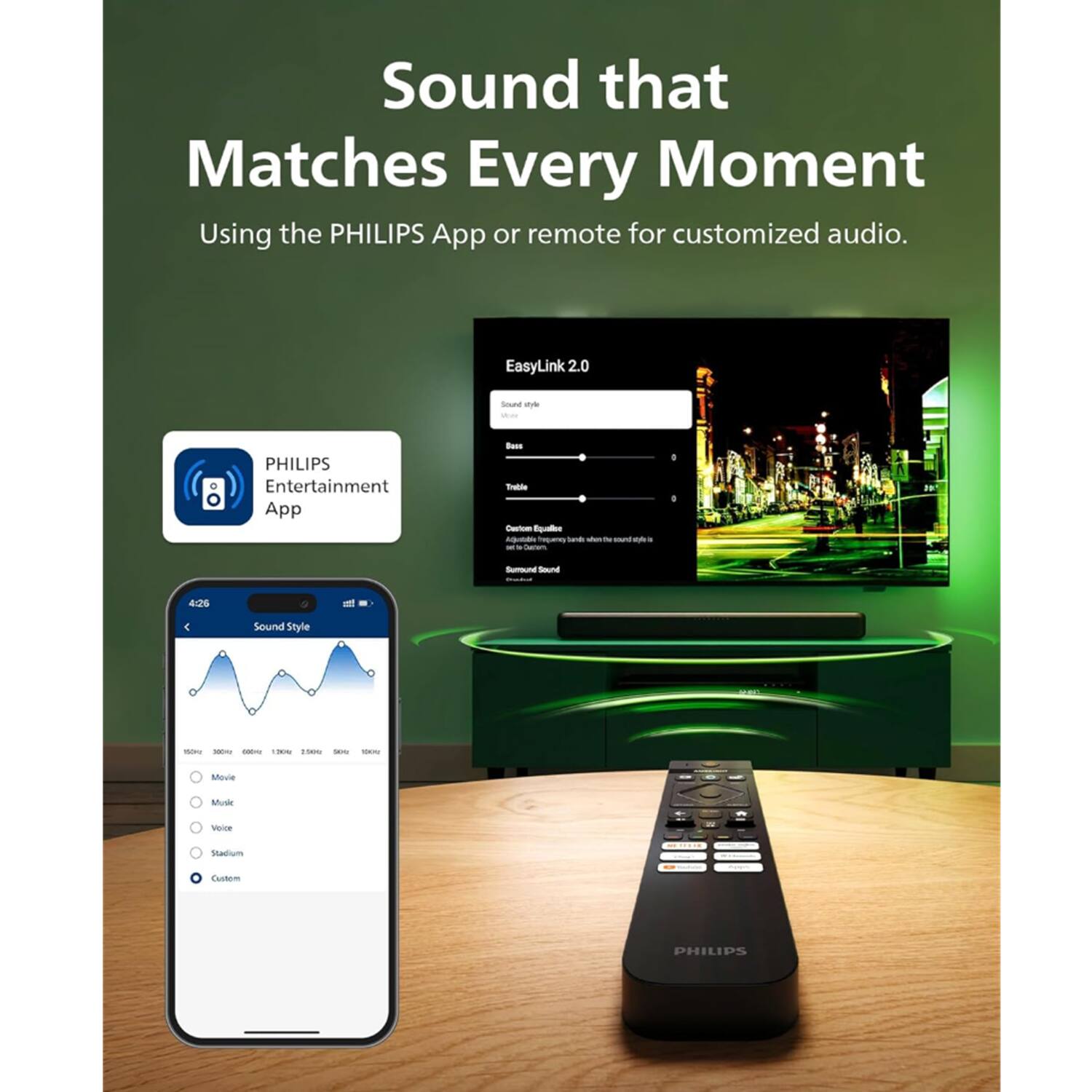 Sound that Matches Every Moment  
Using the PHILIPS App or remote for customized audio.  

EasyLink 2.0  
- PHILIPS Entertainment App  
- Trabsie  
- Cgnen  
- Caeren  
- ouT 4cs  
- Sound Style  
- Moue SUa Vocce  
- Stadium CiateoL
