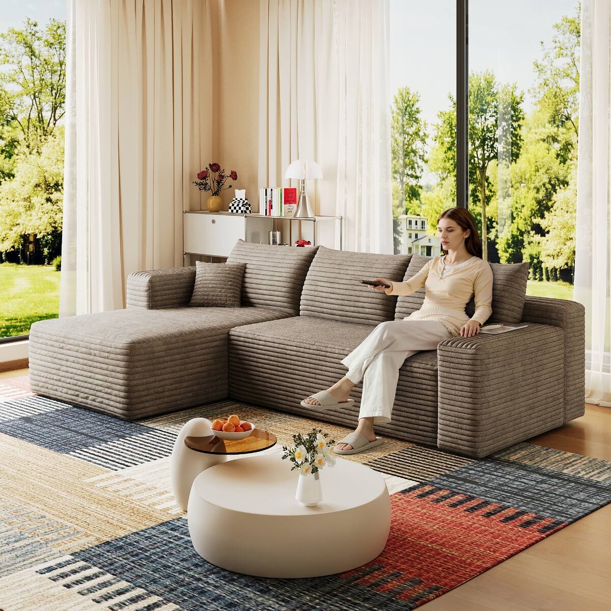 Angle. Ropilly - Ropilly 95 Inch U Shaped Sectional Sofa, Plush Corduroy Sectional Sofa with Deep Seat Corner Couch, Camel - Camel.