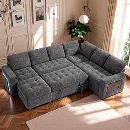 Vipbear - 7 Seat L Shaped Modular Sectional Sleeper Sofa Bed with Pull Out Bed/Reclining Backrest/USB Ports/Storage Seat - Gray
