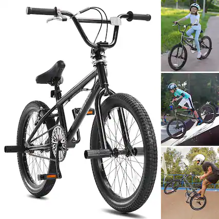 Front. VEVOR - BMX Bike, 20-Inch Wheel Freestyle Bike, BMX Race Bike with 360° Rotor and 4 Pegs, Beginner-Level BMX to Advanced Riders - Black.