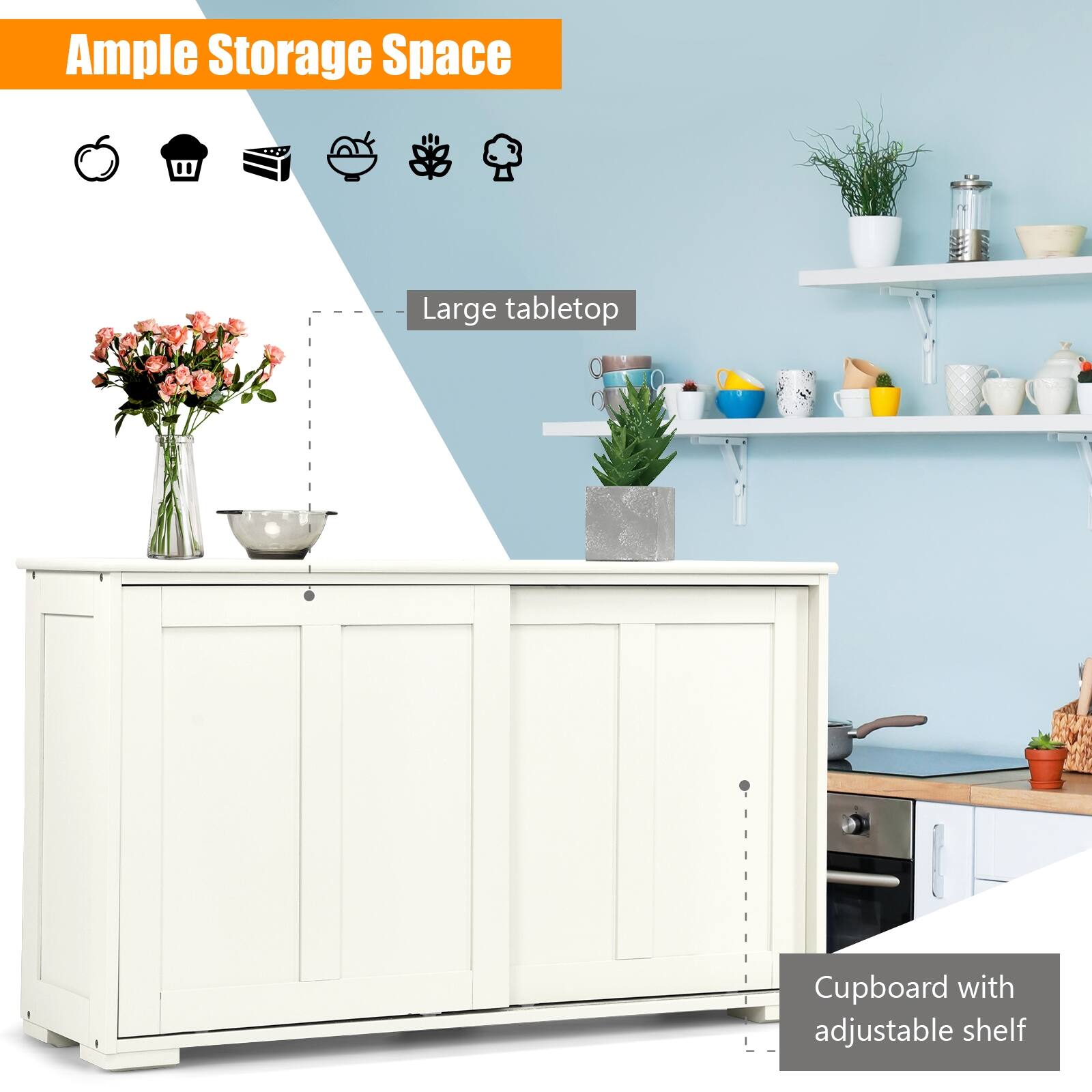 Ample Storage Space

Large tabletop

Cupboard with adjustable shelf