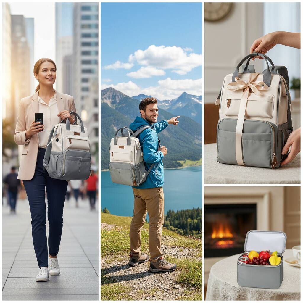 Alt View 2. ZUQIETA - ZUQIETA Multi-Use Backpack with Lunch Box, Fits 17.3" Laptop, Gray-Beige - beige.