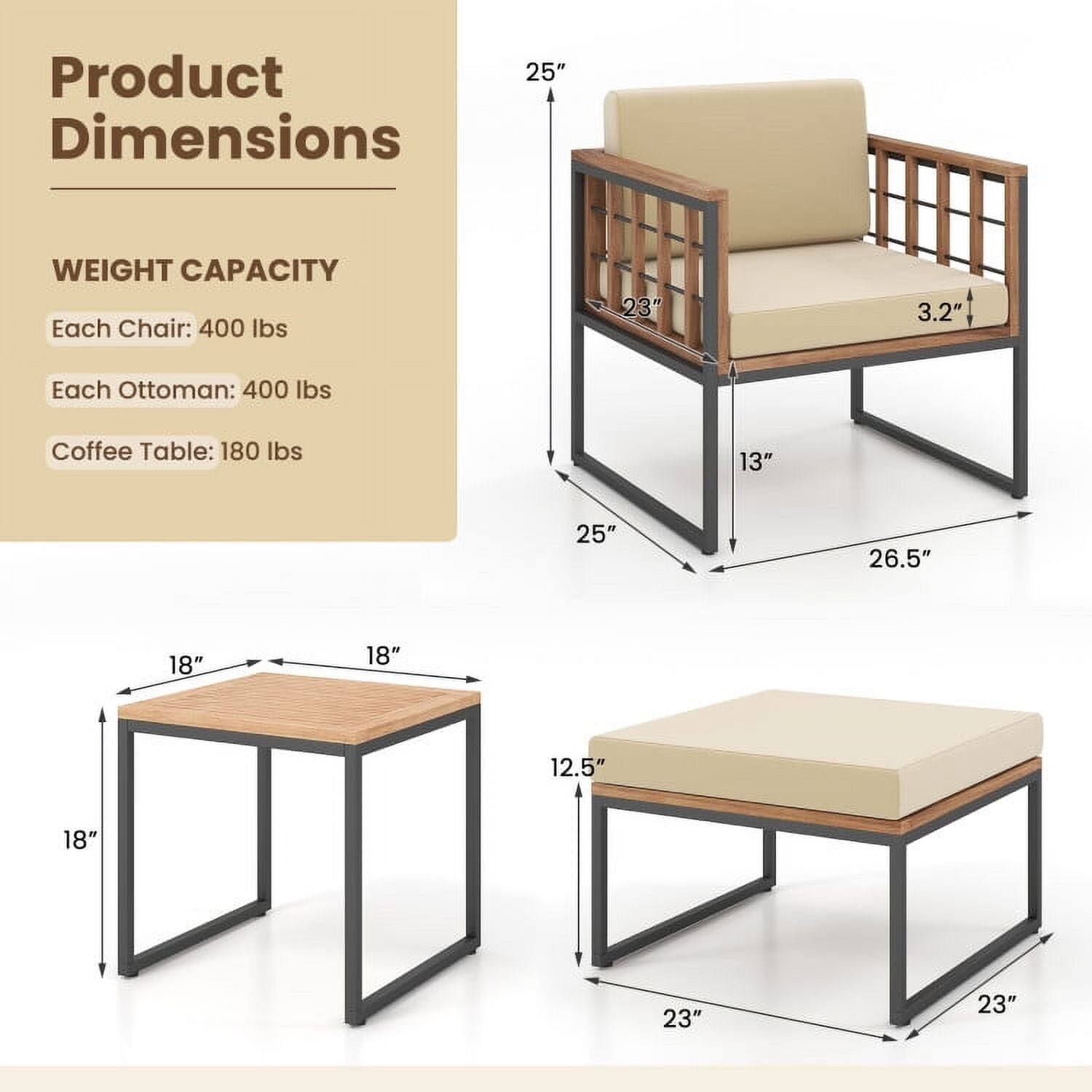 Product Dimensions

WEIGHT CAPACITY
Each Chair: 400 lbs
Each Ottoman: 400 lbs
Coffee Table: 180 lbs

Chair:
- Height: 25"
- Width: 23"
- Depth: 26.5"
- Seat Height: 13"
- Seat Depth: 3.2"

Coffee Table:
- Height: 18"
- Width: 18"
- Depth: 18"

Ottoman:
- Height: 12.5"
- Width: 23"
- Depth: 23"