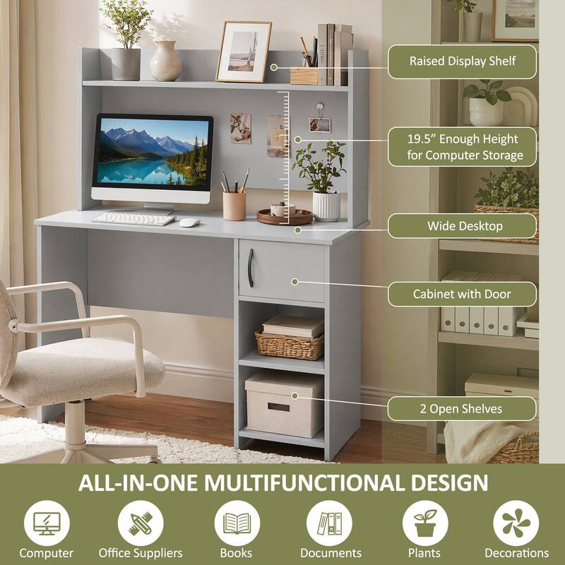 Raised Display Shelf  
19.5" Enough Height for Computer Storage  
Wide Desktop Cabinet with Door  
2 Open Shelves  
ALL-IN-ONE MULTIFUNCTIONAL DESIGN  
Computer  
Office Supplies  
Books  
Documents  
Plants  
Decorations
