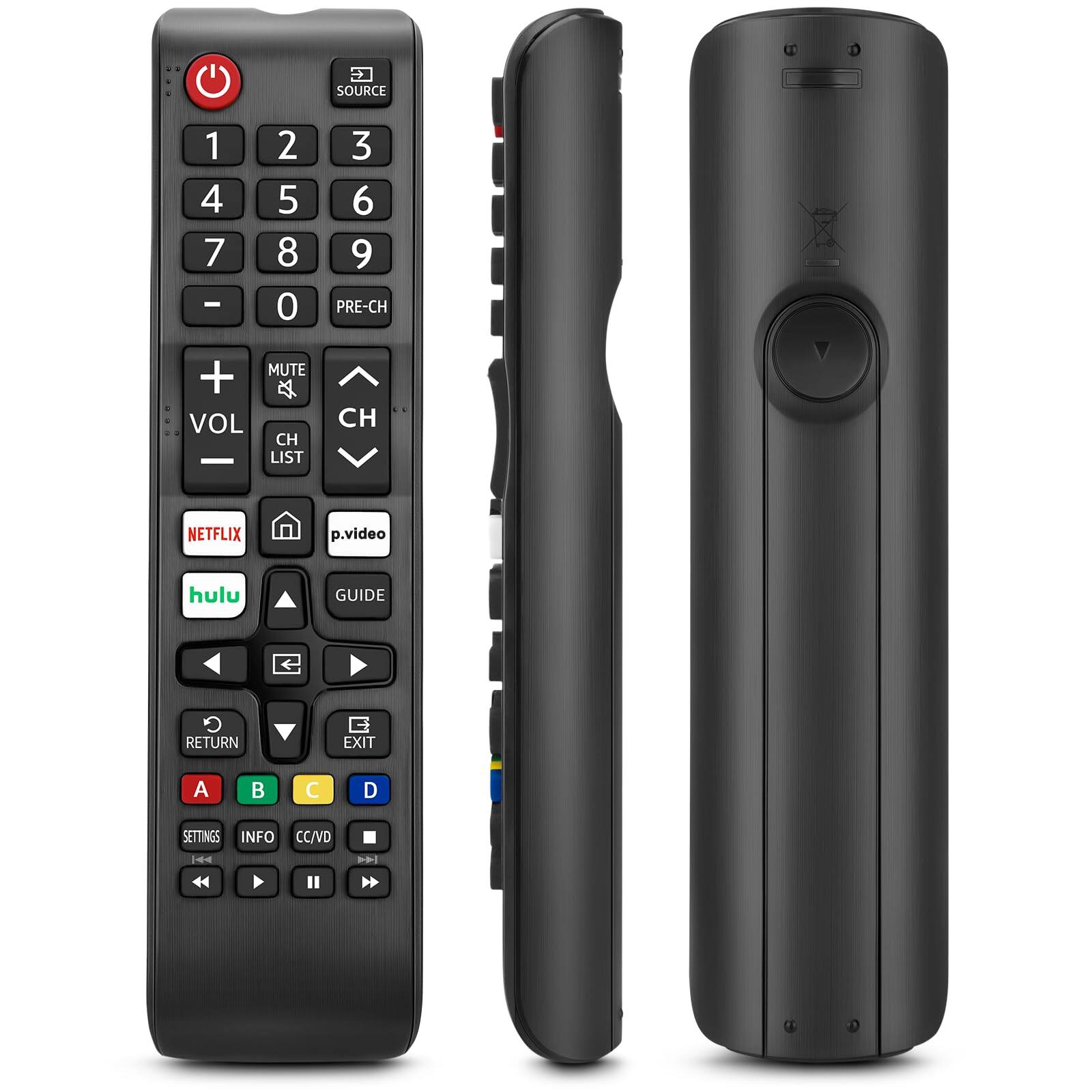 Sure, here is the corrected and grouped text from the image:

**Top Row:**
- SOURCE

**Number Pad:**
- 1 2 3
- 4 5 6
- 7 8 9
- 0

**Volume and Channel Controls:**
- MUTE
- VOL + VOL -
- CH LIST
- CH UP CH DOWN

**Additional Controls:**
- PRE-CH
- NETFLIX
- p.video
- hulu
- GUIDE
- RETURN
- EXIT

**Bottom Row:**
- A B C D

**Settings and Info:**
- SETTINGS
- INFO
- CC/VD

**Playback Controls:**
- (Play/Pause) (Rewind) (Fast Forward)

**Other:**
- (Red Power Button)
- (Home Button)